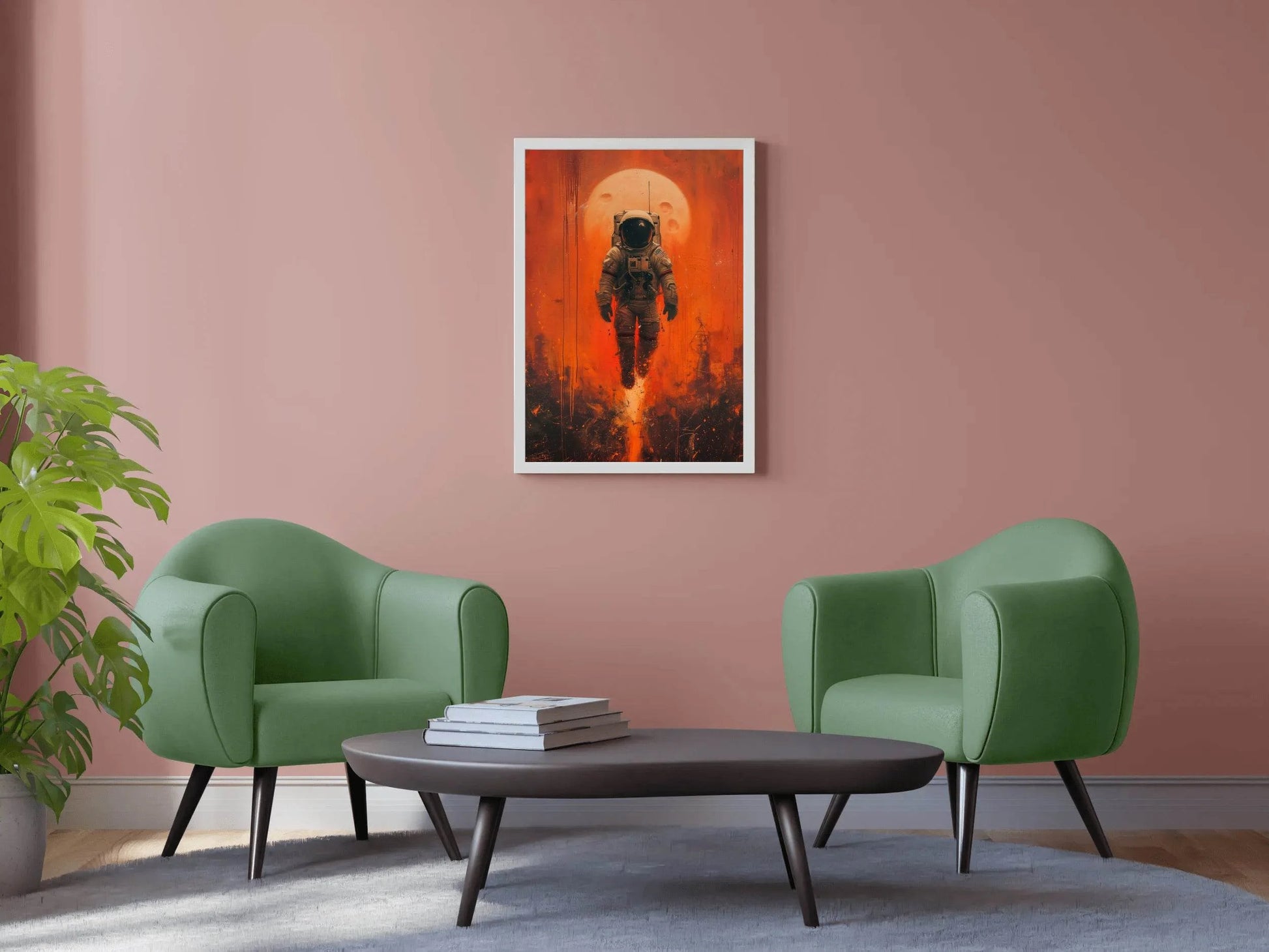 An astronaut floats in outer space with red orange background wall art - beink online art store