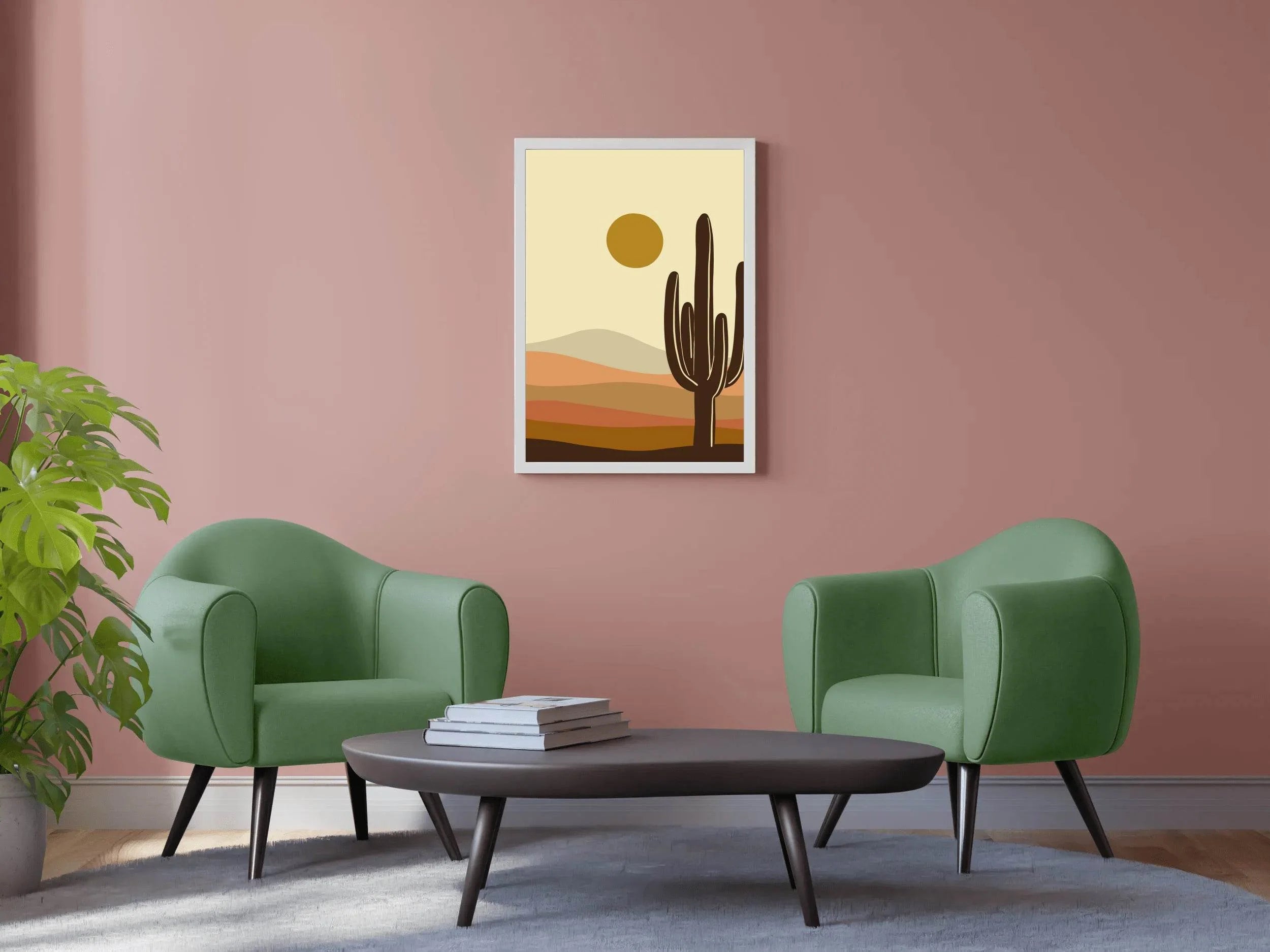 Stylized Desert Landscape with Cactus and Sun ArtWork - beink online art store