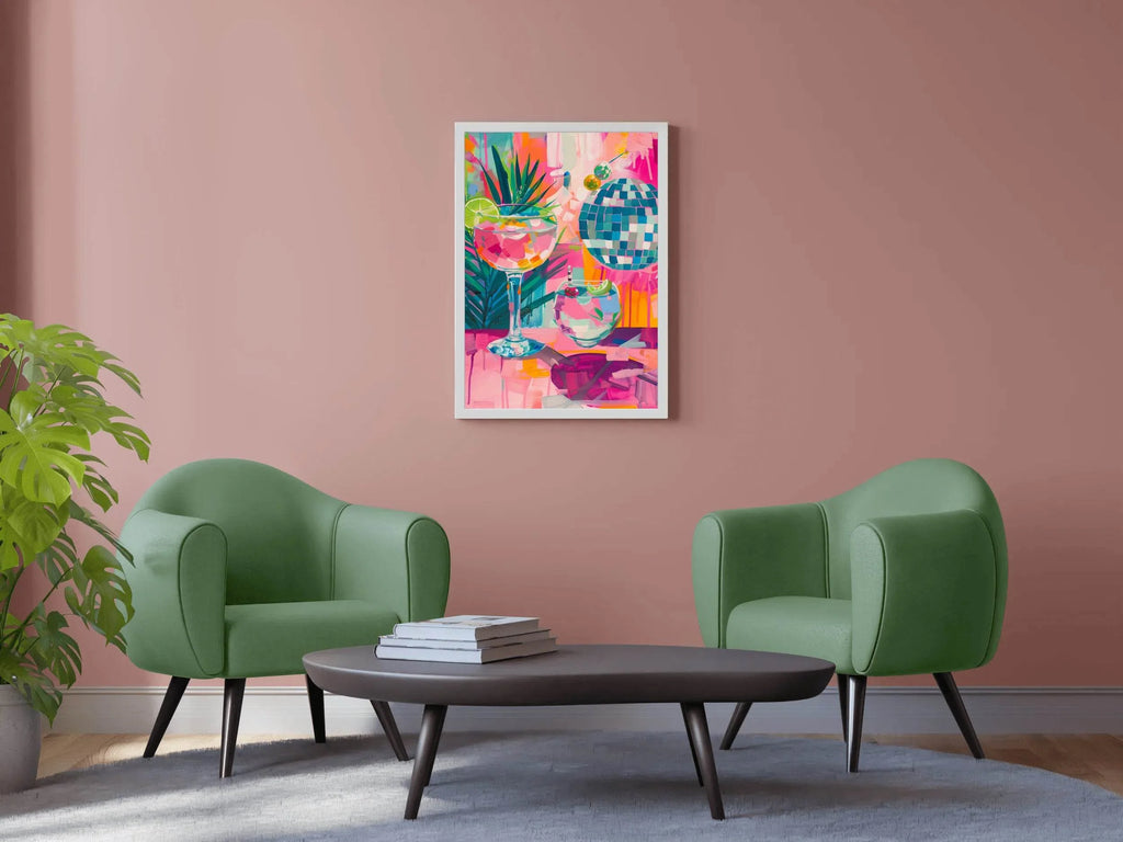 Painting of a Cocktail and Glasses with a Palm Tree in the Background Wall Art - beink online art store