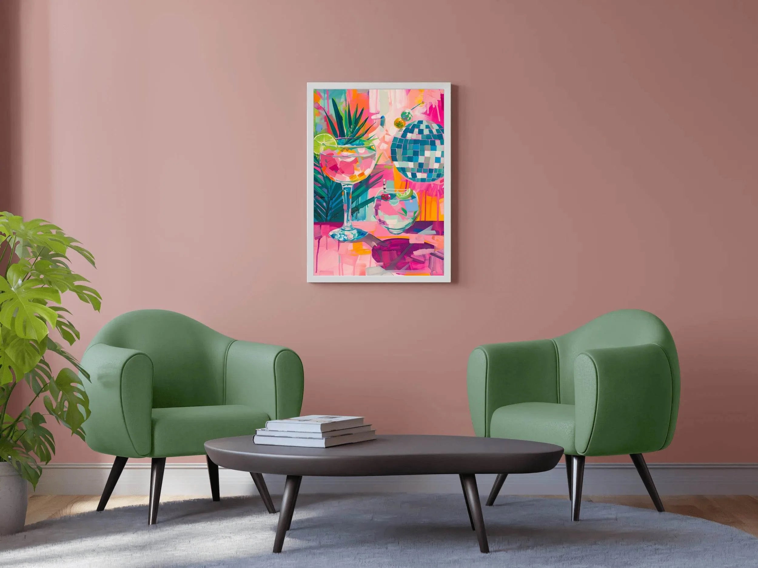 Painting of a Cocktail and Glasses with a Palm Tree in the Background Wall Art - beink online art store