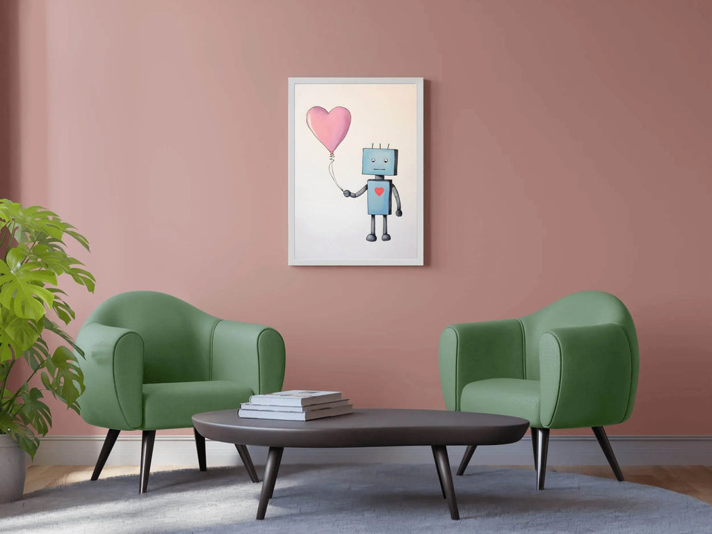 Drawing of Blue Robot Holding Pink Heart - beink online art store