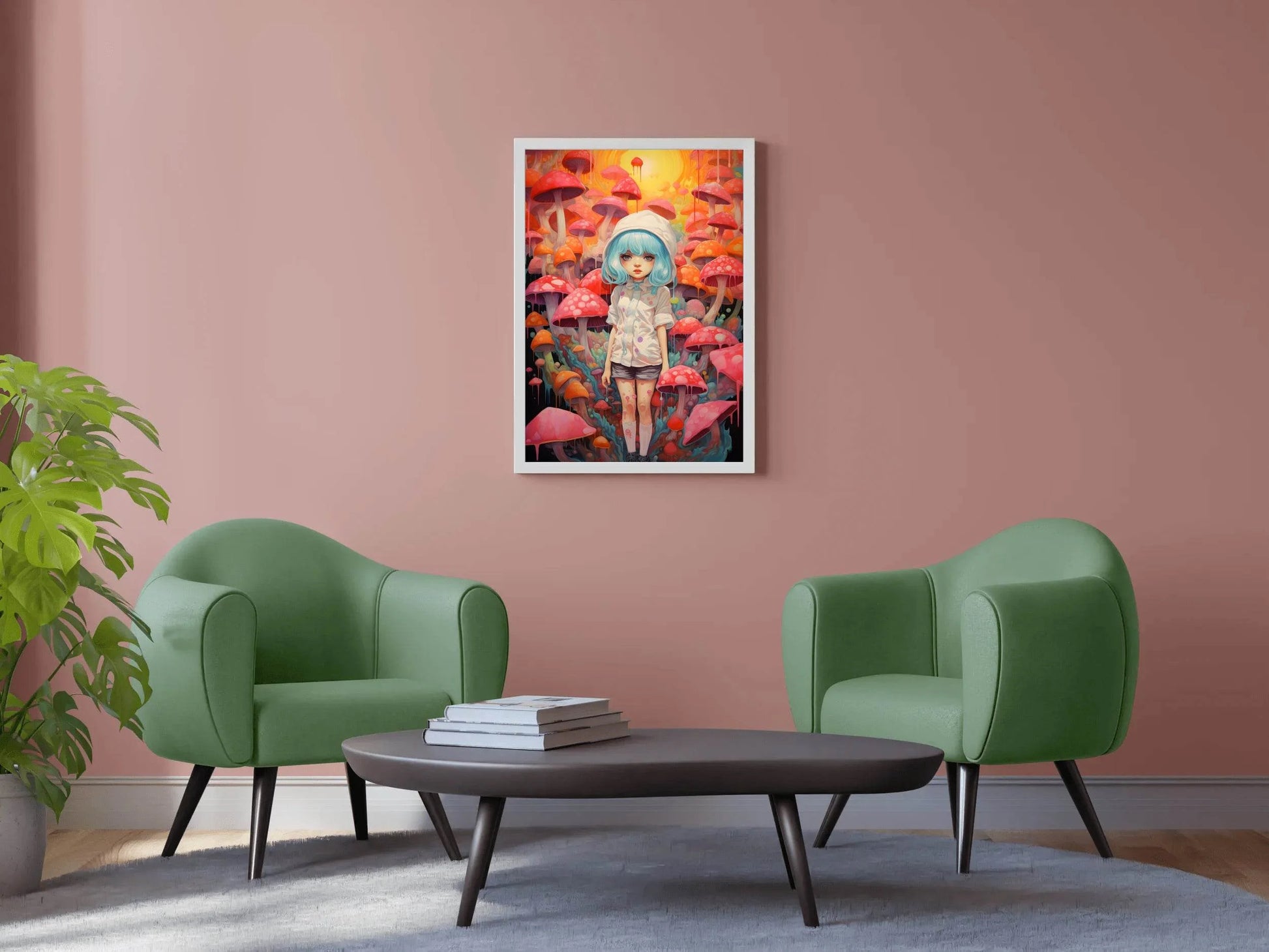 Painting of a Anime girl Standing in a Forest of Mushrooms - beink online art store