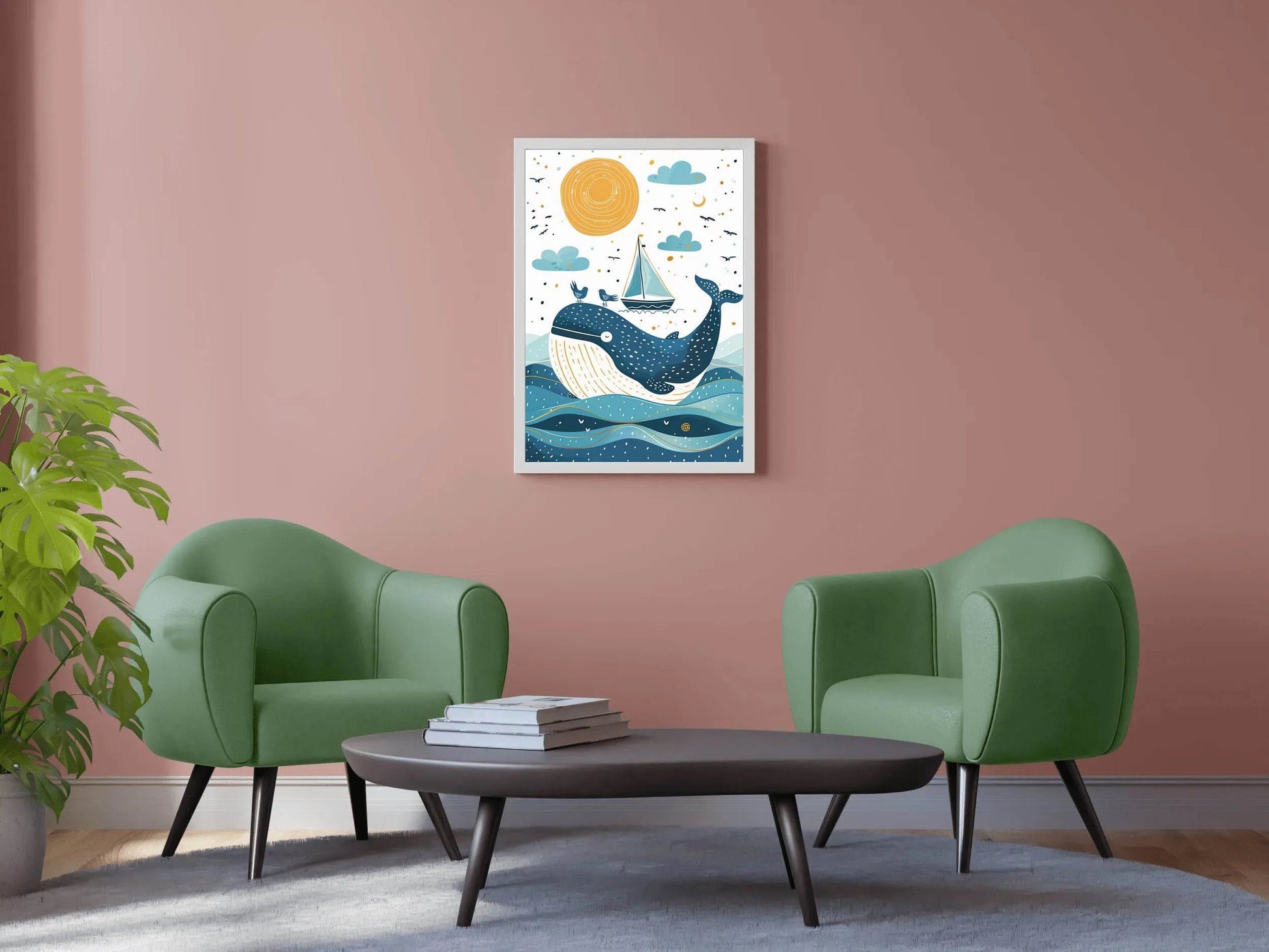 Painting of Blue Whale and a Boat in the Oean - beink online art store
