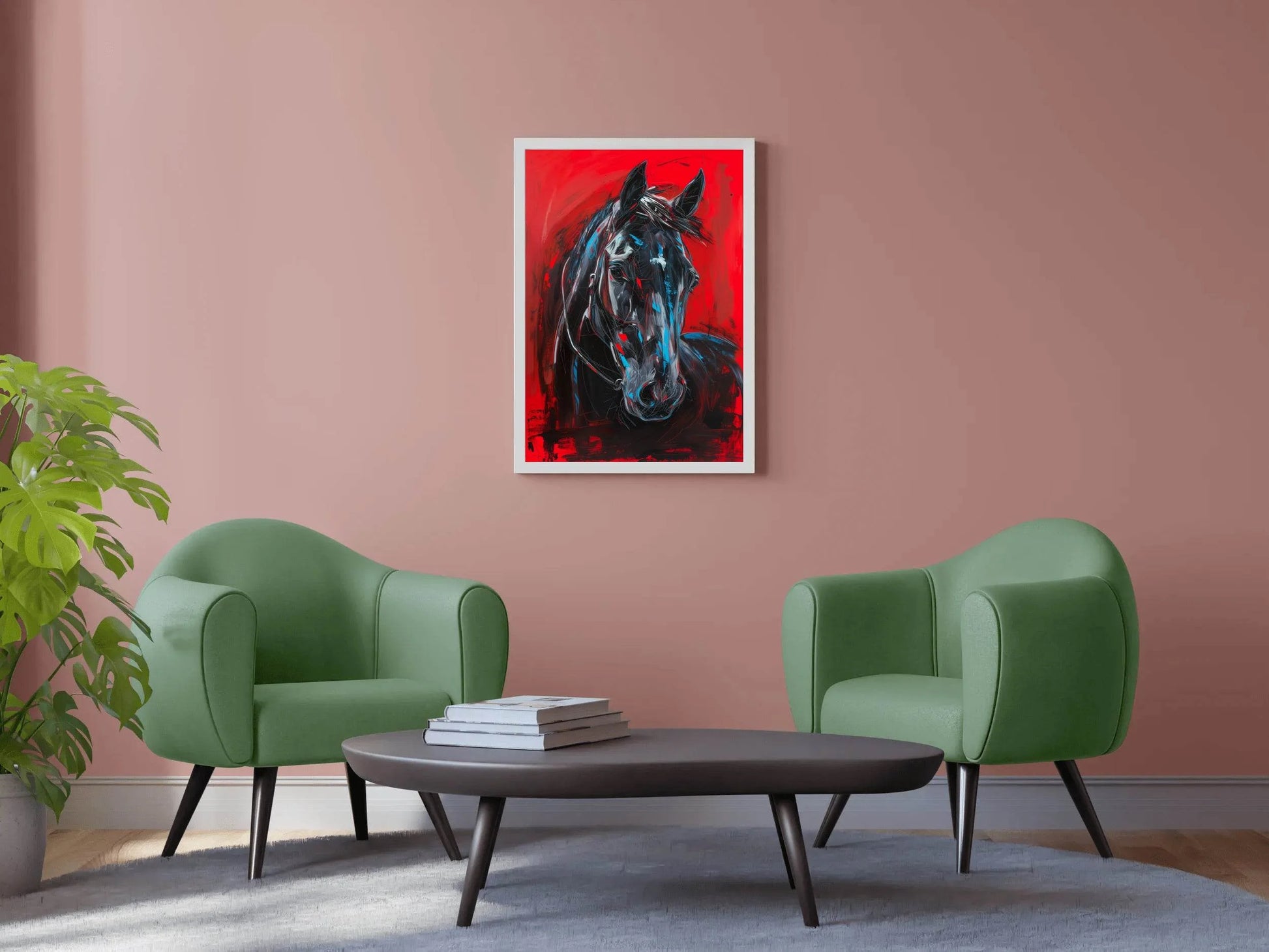 Painting of Black Horse With Red Background - beink online art store