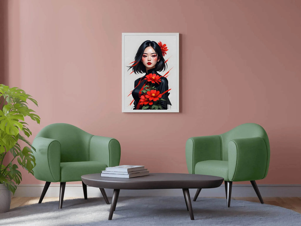 Asian Style lady with Red Flower Wall Art - beink online art store