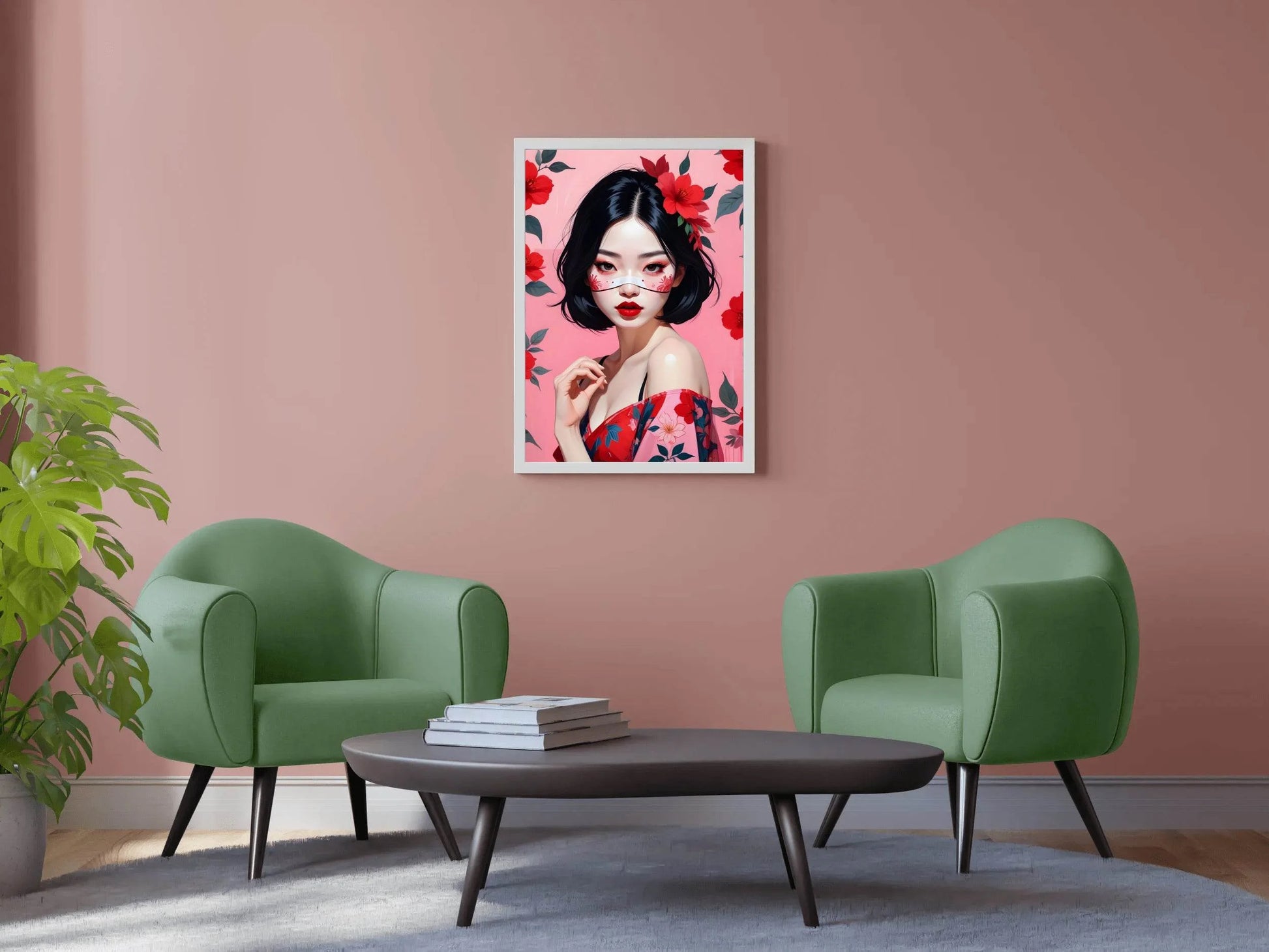 Japanese character with Pink and Red flower background Wall Art - beink online art store