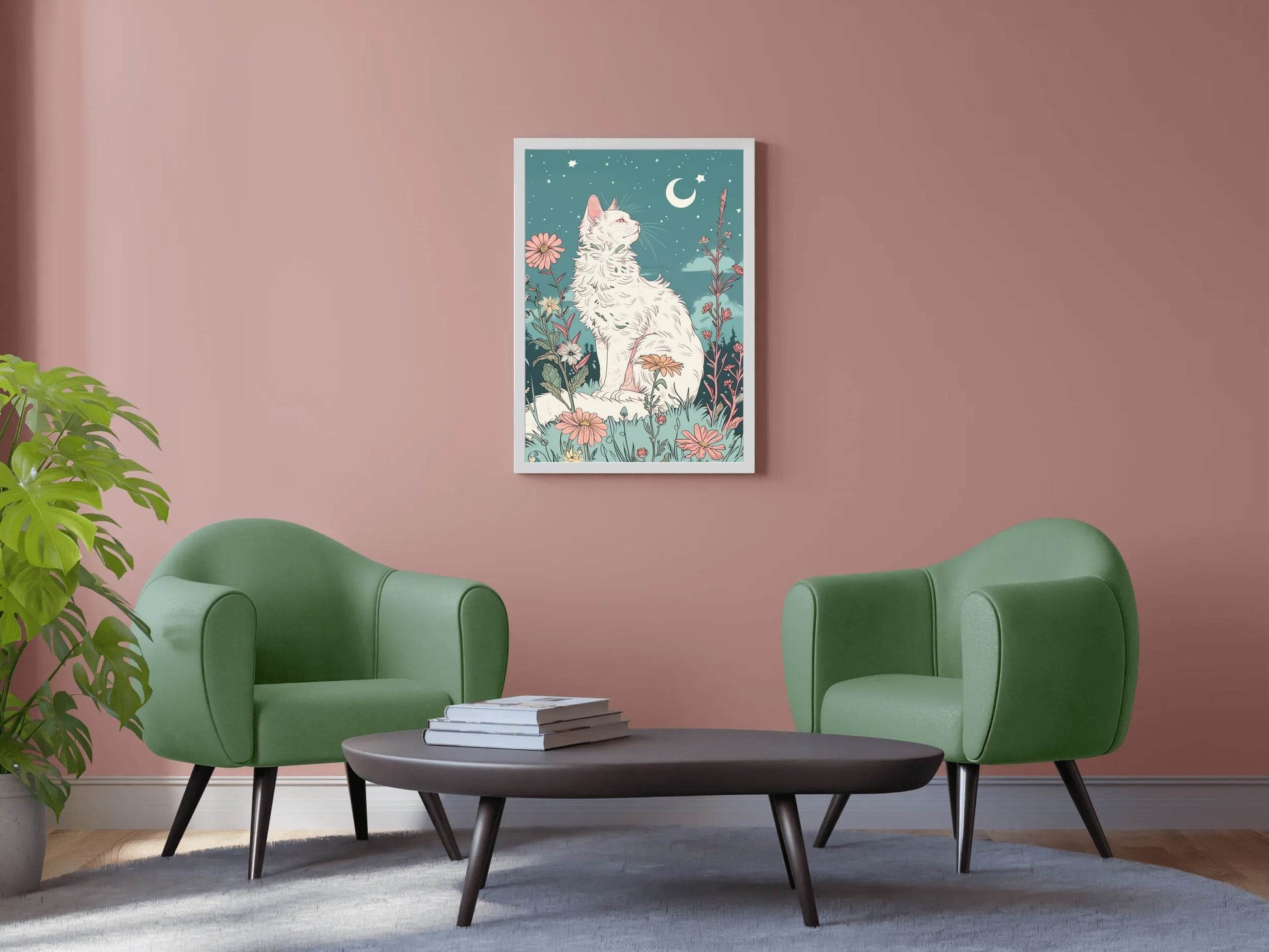 Painting of White Cat Watching the Moon - beink online art store