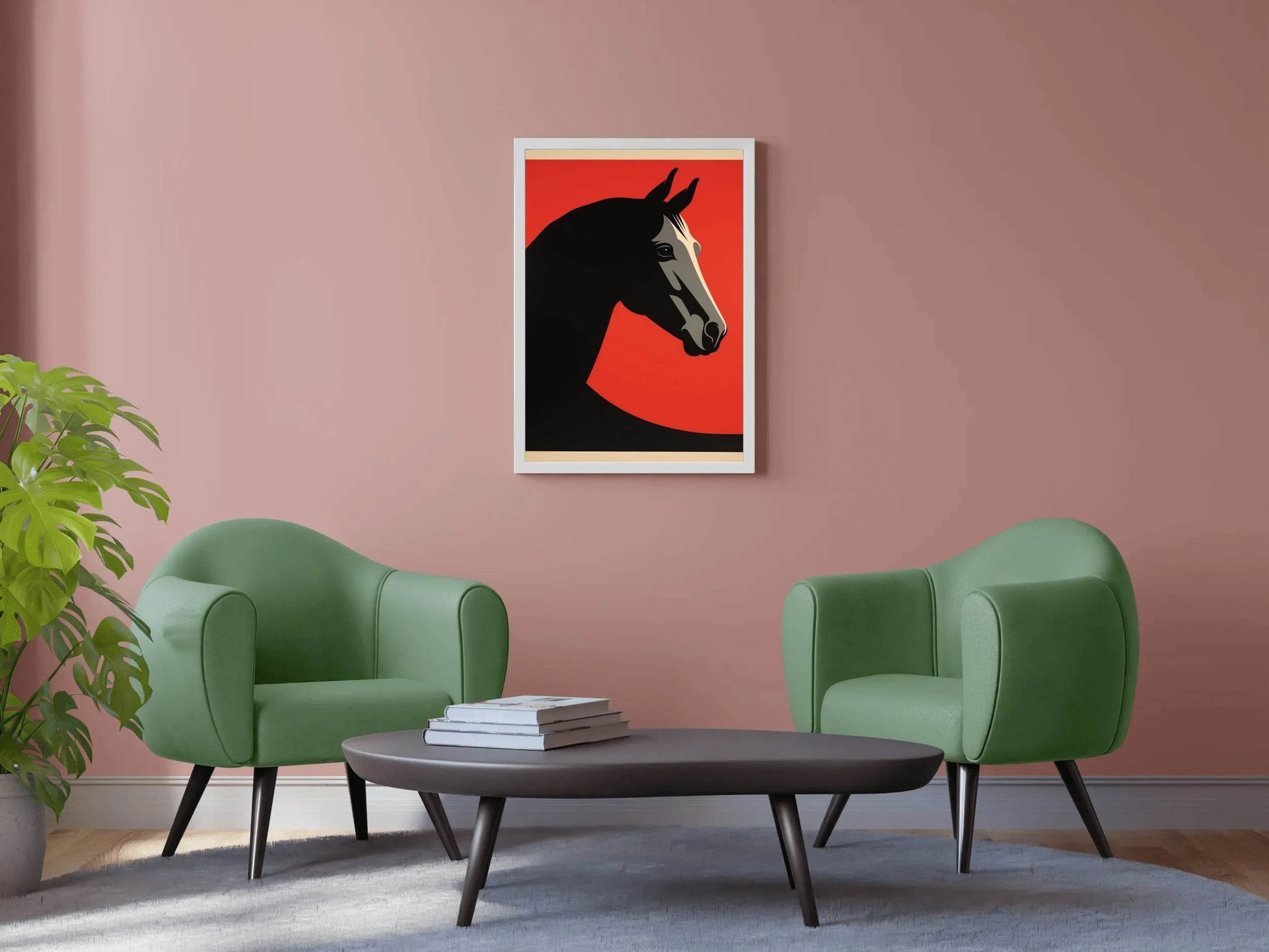 Black Horse Painted Drawing With Red Background - beink online art store