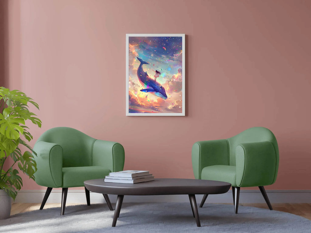 Illustration of a Girl Riding Colorful Whale - beink online art store
