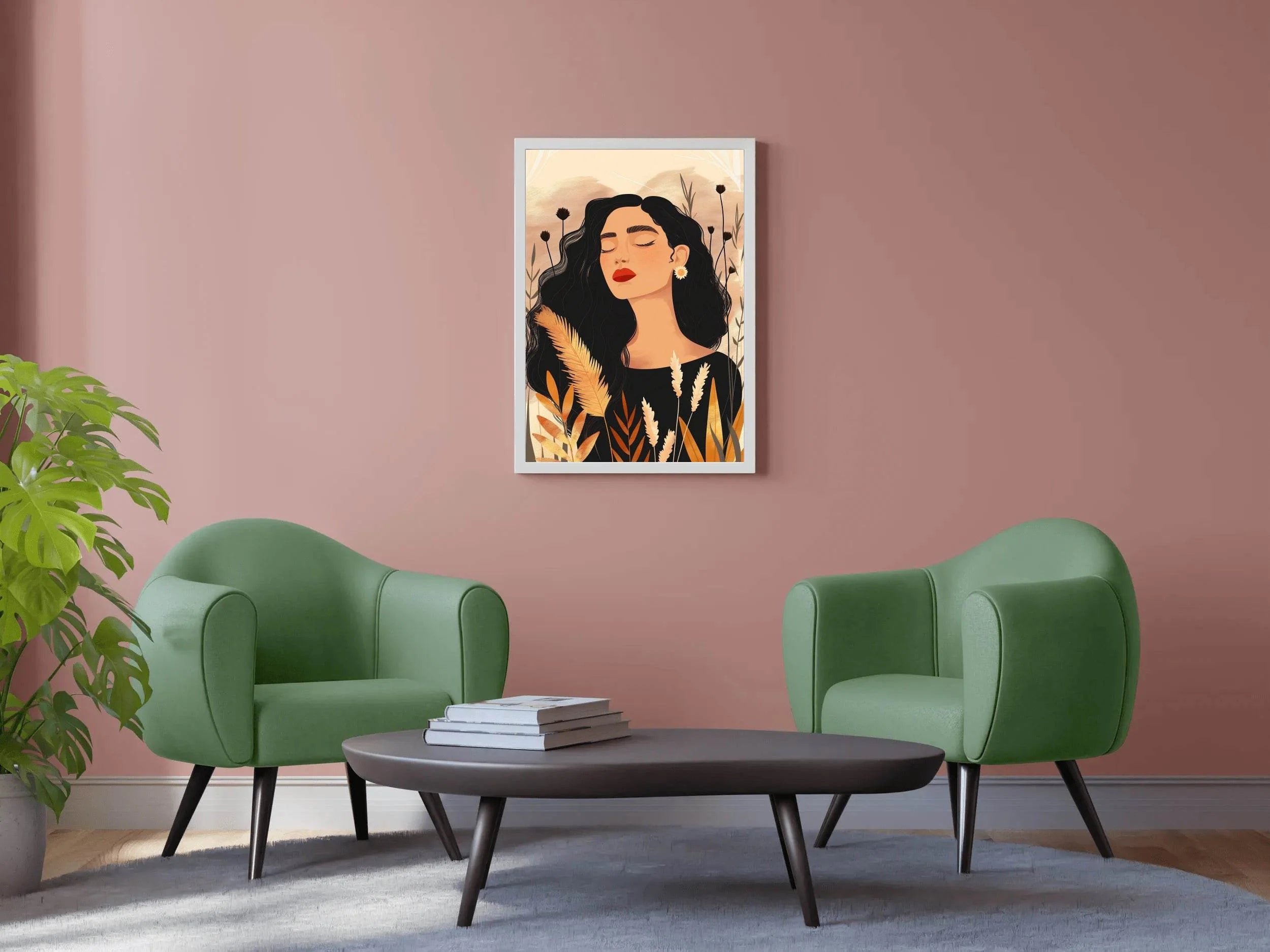 Woman with Curly Hair on Simple Background ArtWork - beink online art store