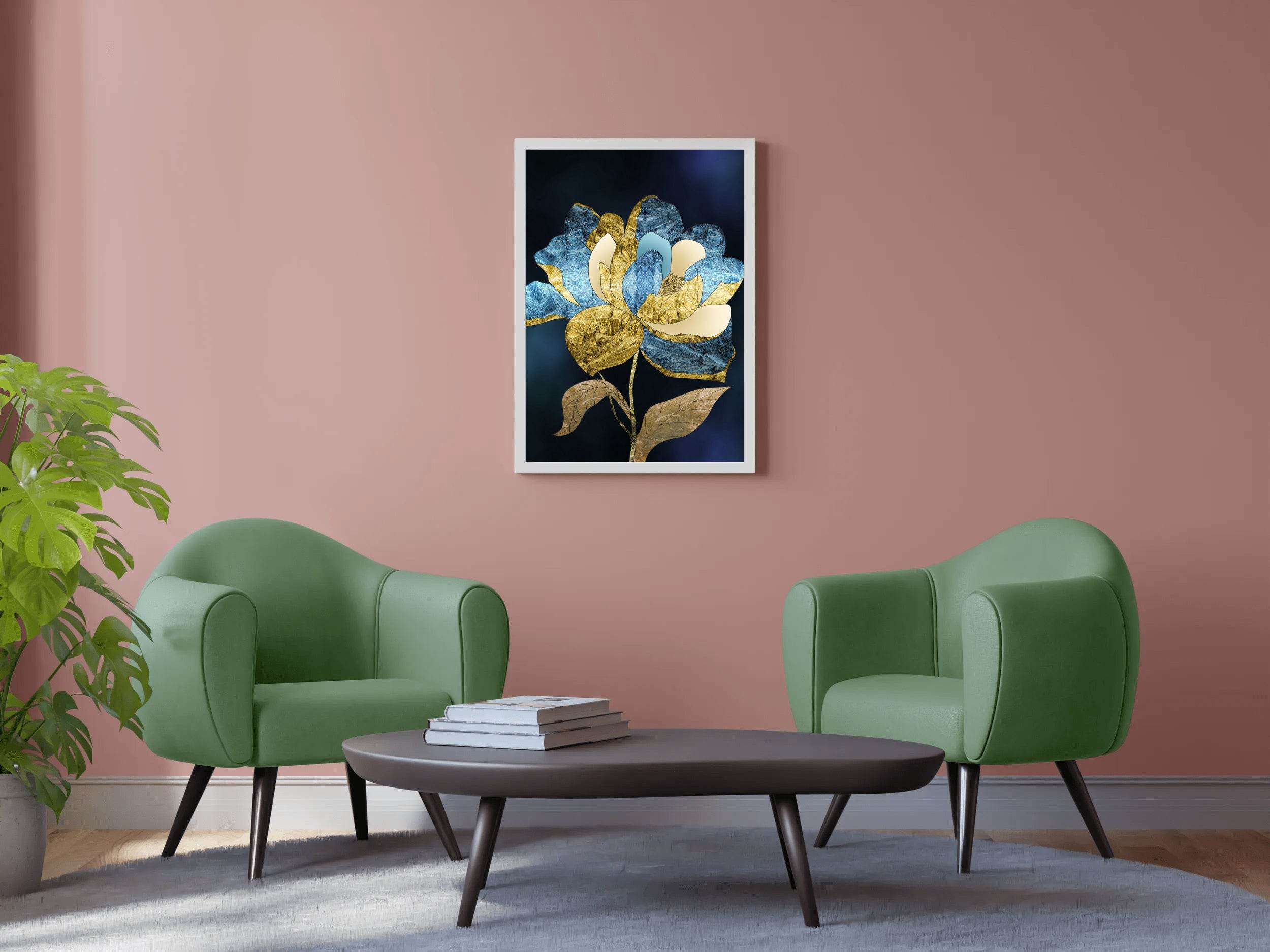 Golden and Blue Flower Modern Wall Art - beink online art store