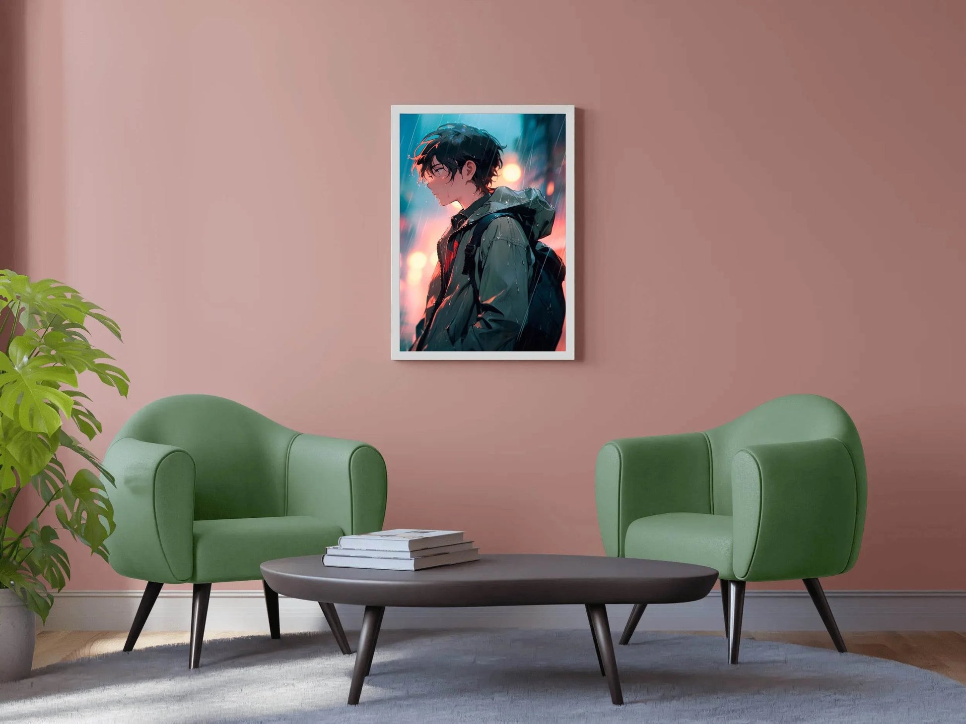 Anime Boy with backpack In street In The Rain Anime Wall Art - beink online art store