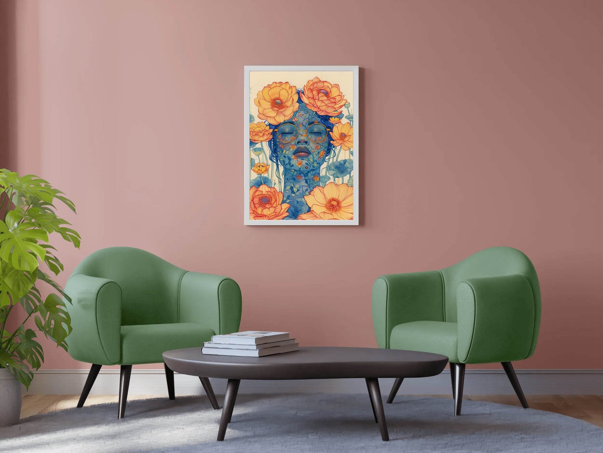 Floral Face of Lady with Orange Blossoms Wall Art - beink online art store
