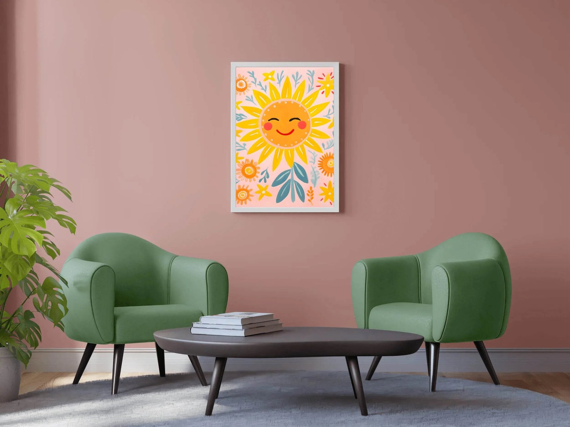 Painting of Smiling Sunflower With Floral Background - beink online art store