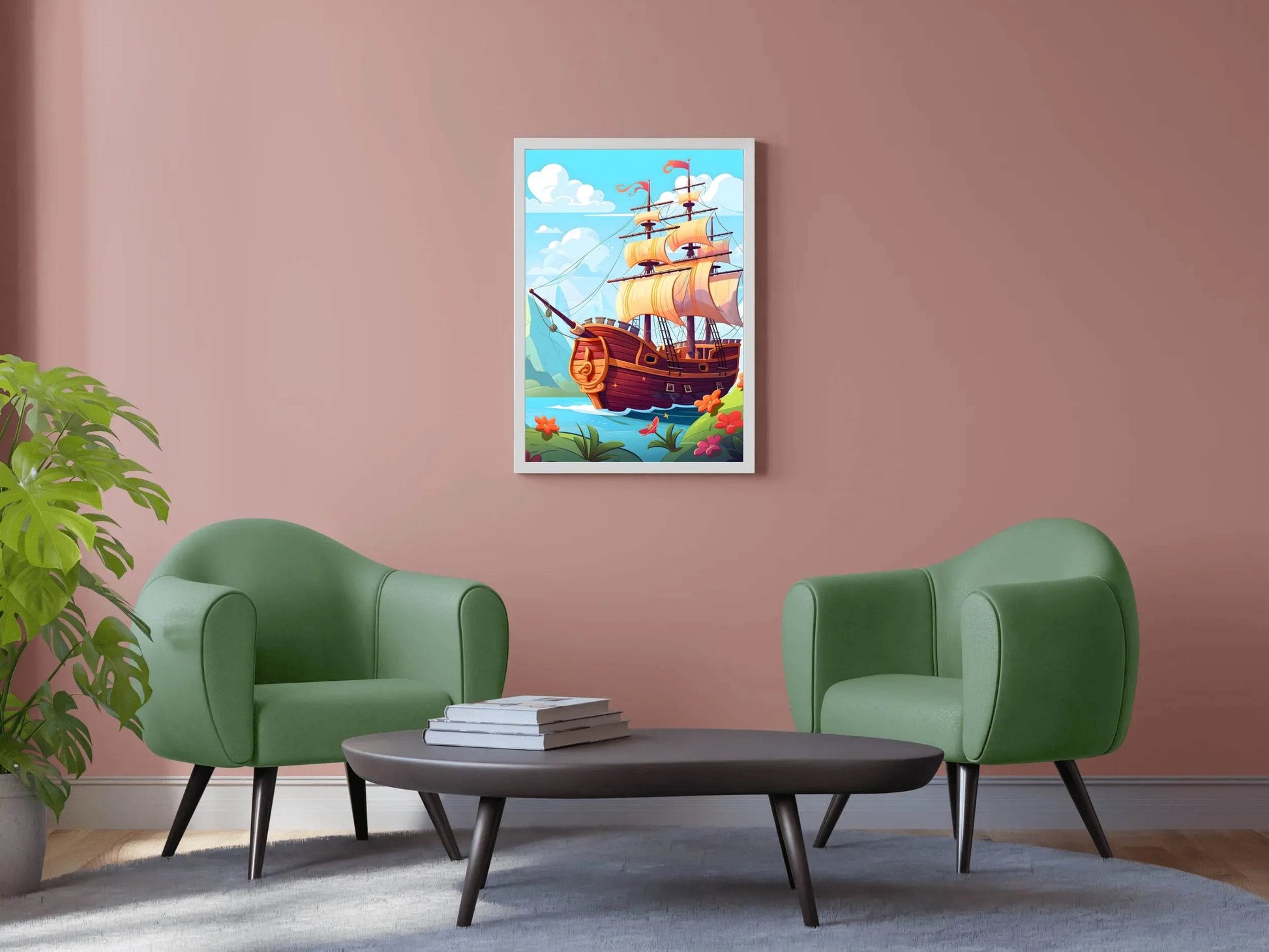Drawing of Pirate Ship in the Sea - beink online art store