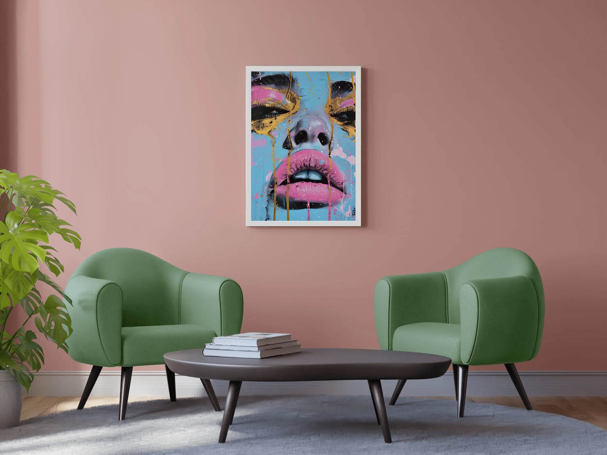 Painting of a Woman with a Tear Drop on her Face with Pink and Gold Wall Art - beink online art store