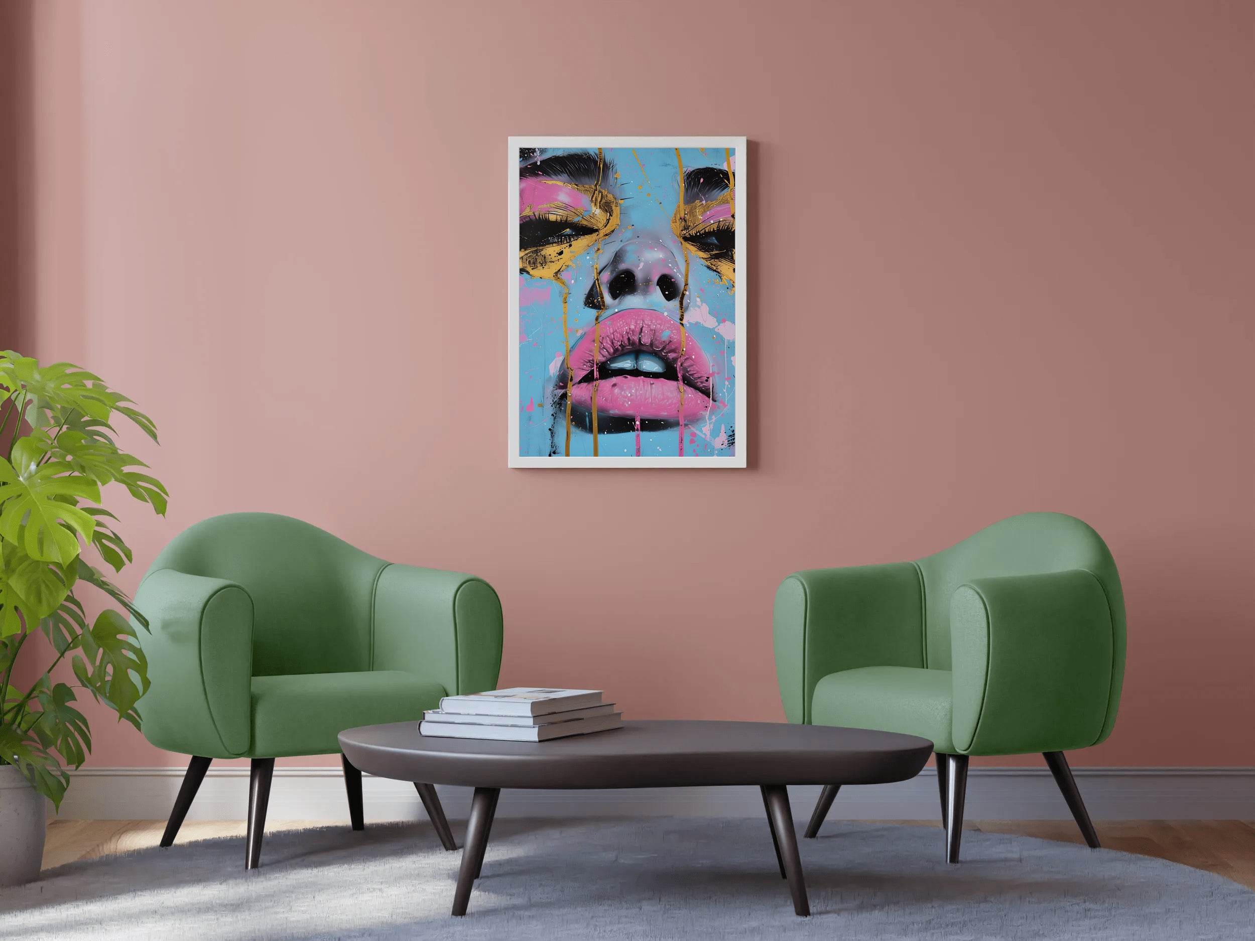 Painting of a Woman with a Tear Drop on her Face with Pink and Gold Wall Art - beink online art store