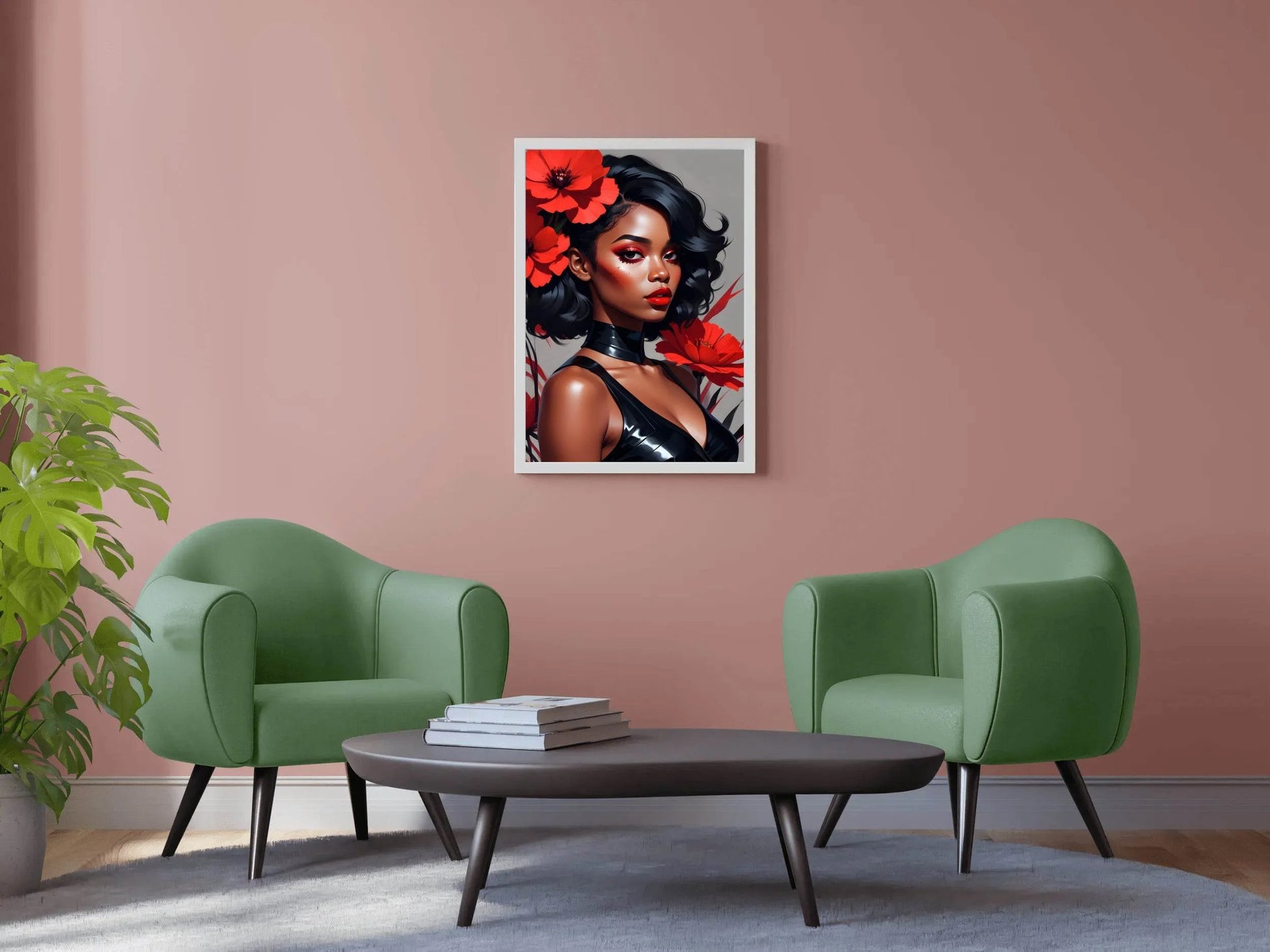 Abstract Style Anime Art of Black Girl with Red Flower Wall Art - beink online art store