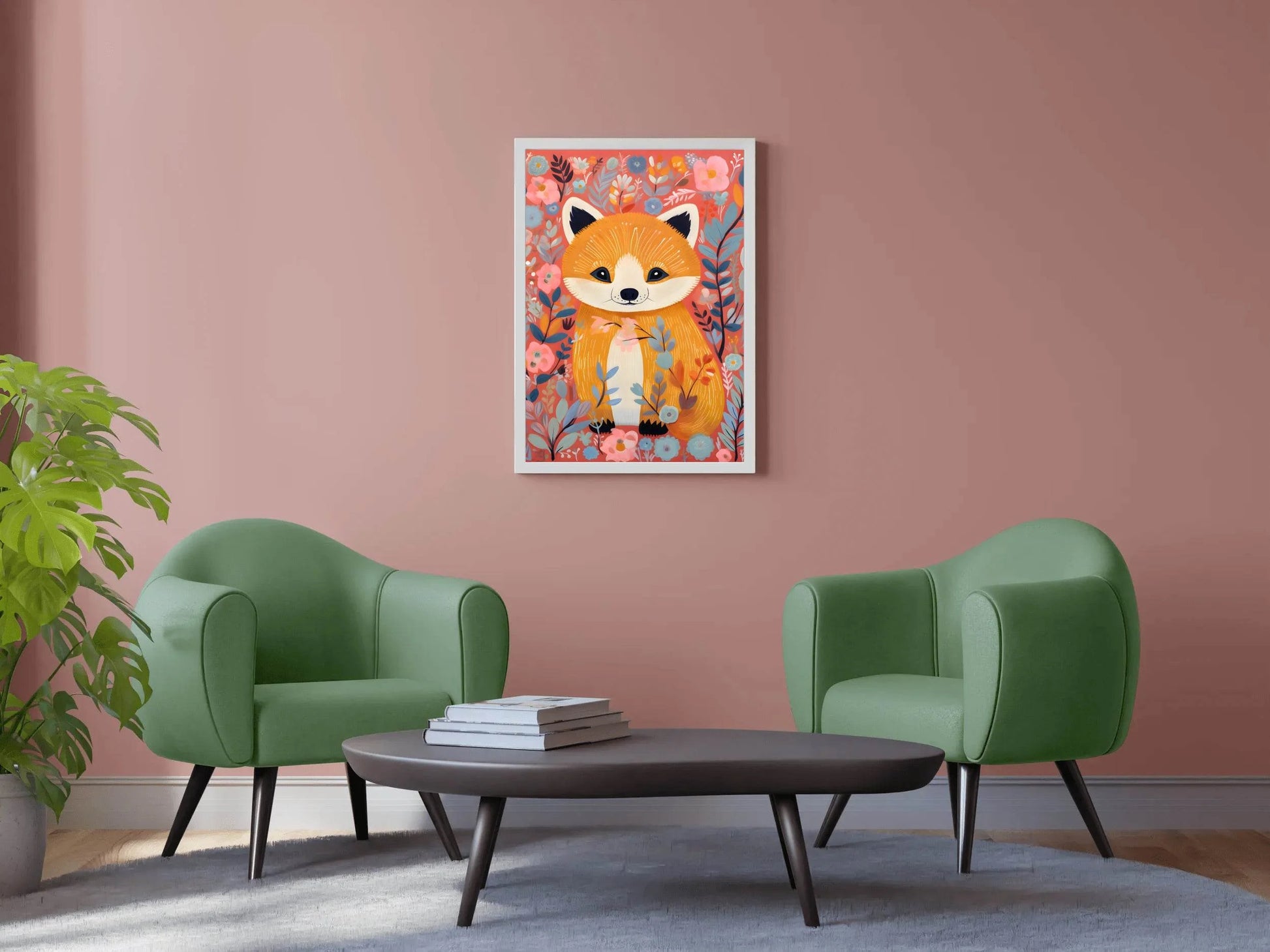 Drawing of Little Fox Sitting in the Flowers - beink online art store