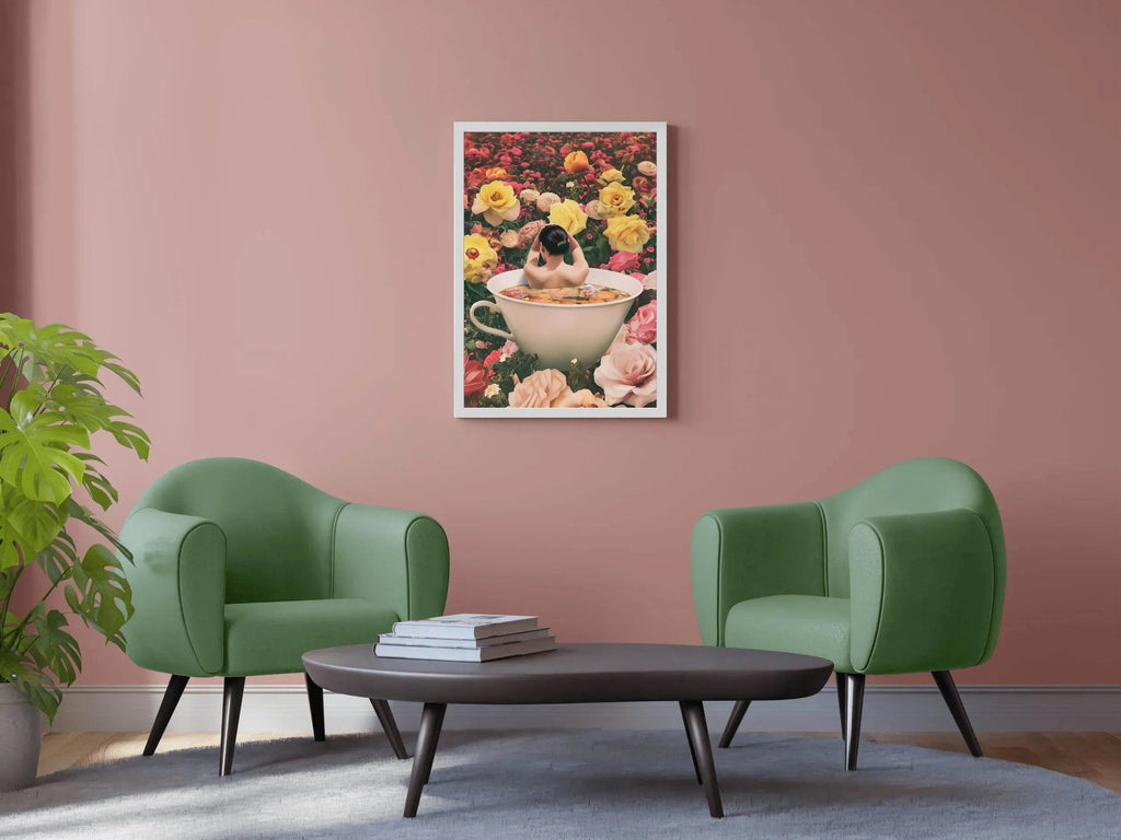 Woman in Tea Cup With Flower Background Wall Art - beink online art store