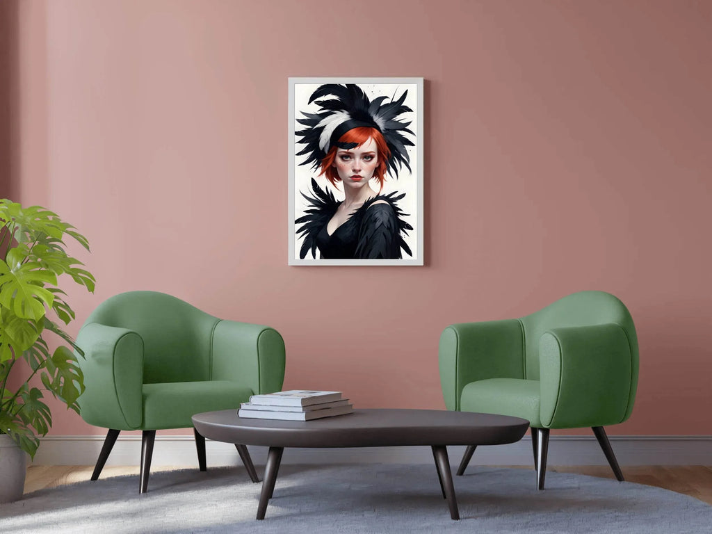 Women Character Red Hair with Black Feather Hat Wall Art - beink online art store