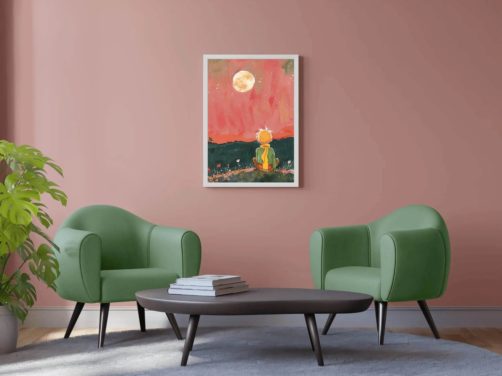 Brushed Illustration of a Boy Watching the Moon - beink online art store