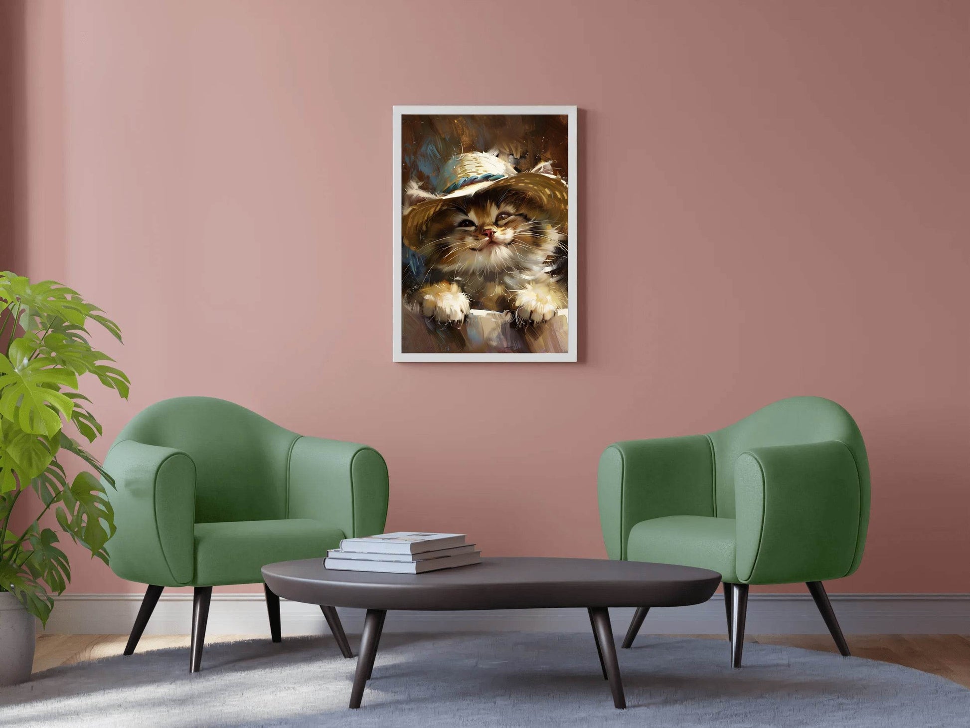 Hand Painted Painting of Smiling Cat Wearing Hat - beink online art store