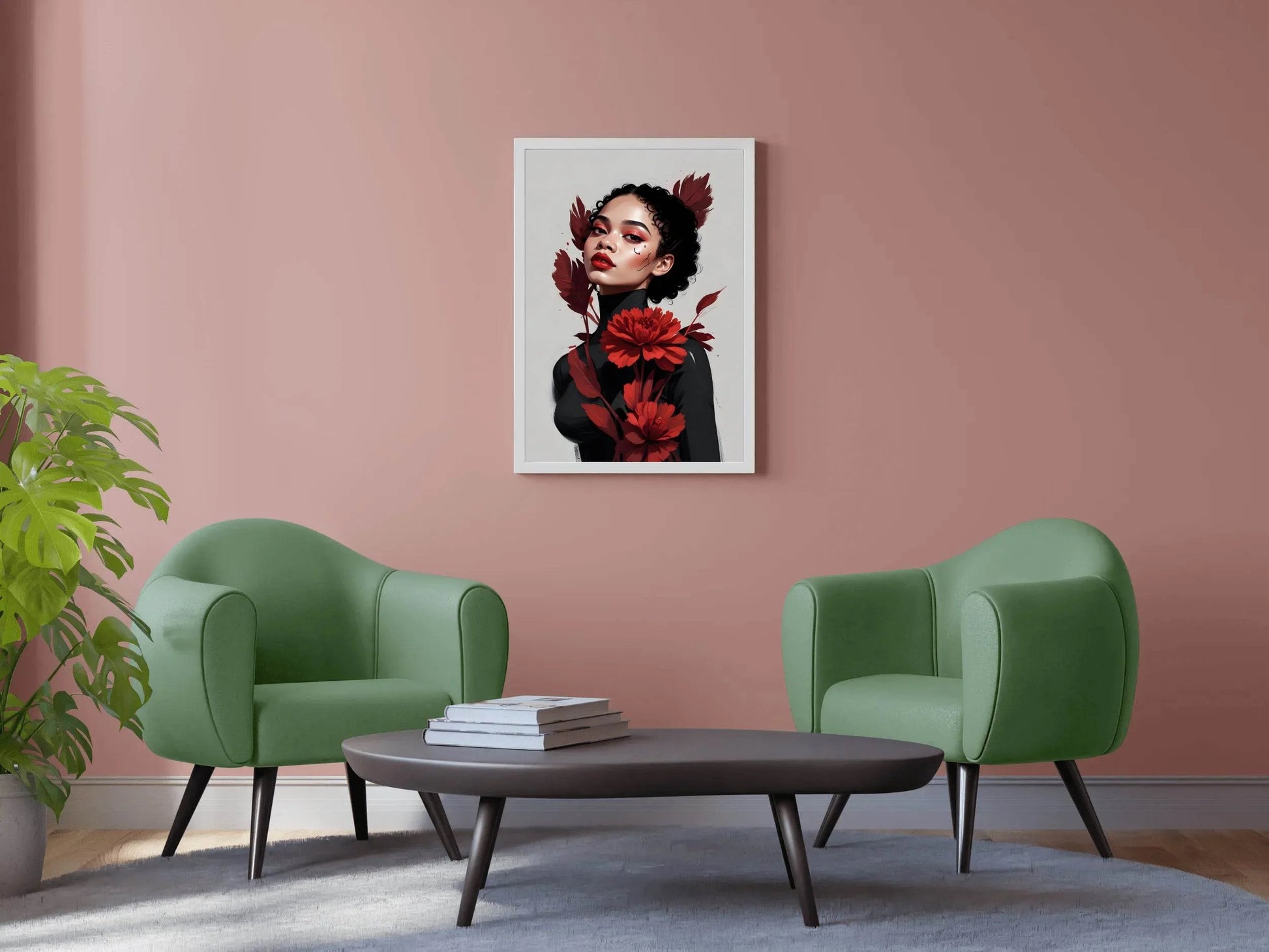 Lady with Curly Hair and Red Flower Wall Art - beink online art store