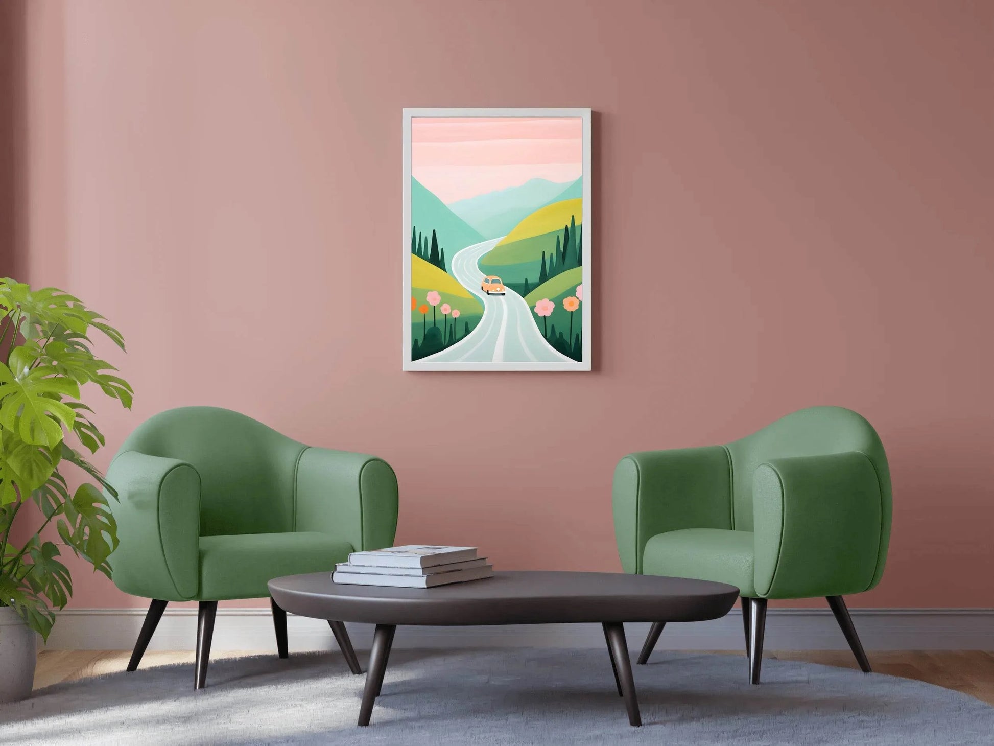 Painting of Pink Car Passing Through the Green Meadows - beink online art store