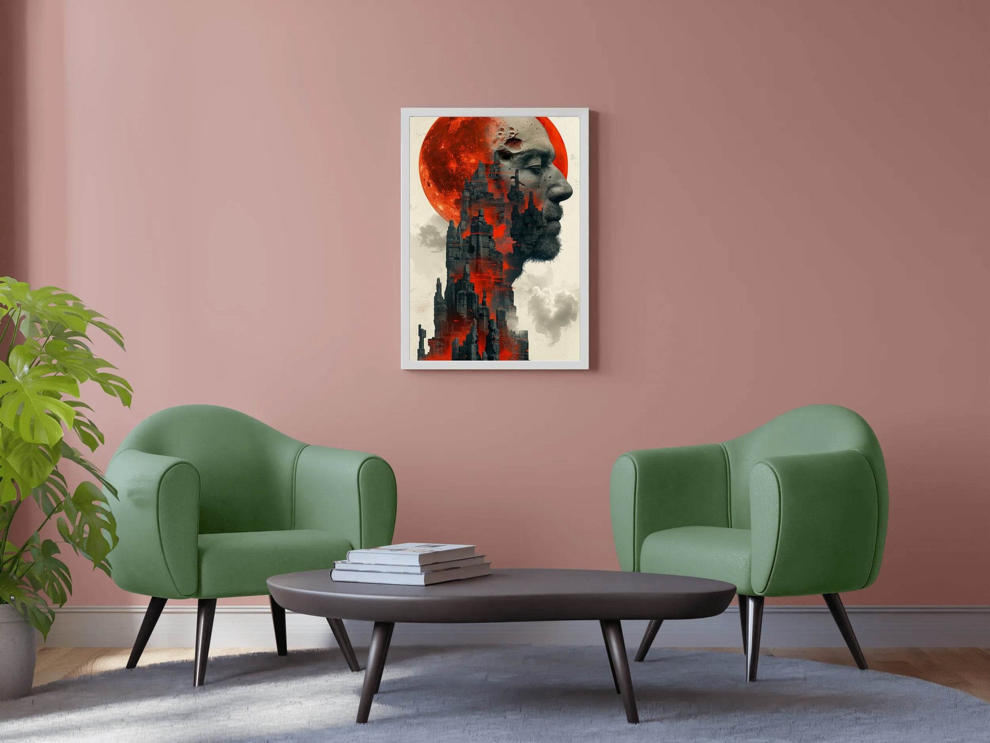 Gothic Cityscape With Face and Red Moon Digital Art - beink online art store