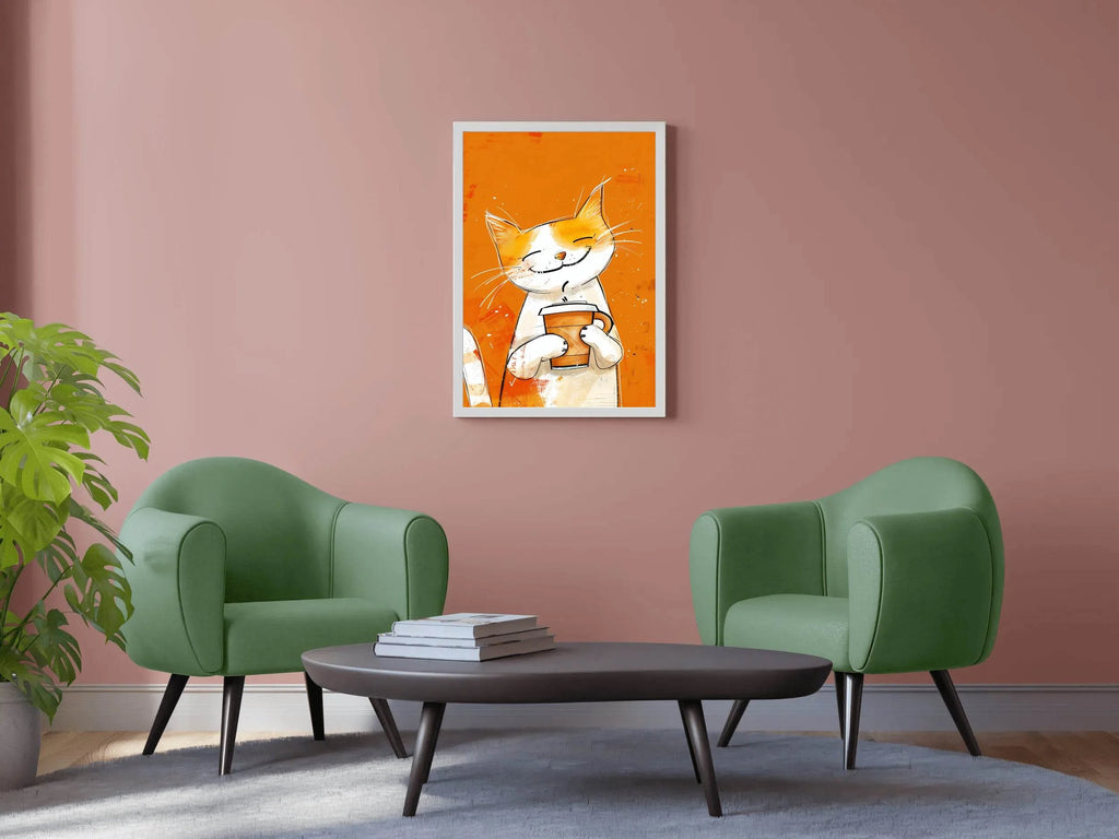 Painting of Cute Smiling Cat Holding Cup - beink online art store