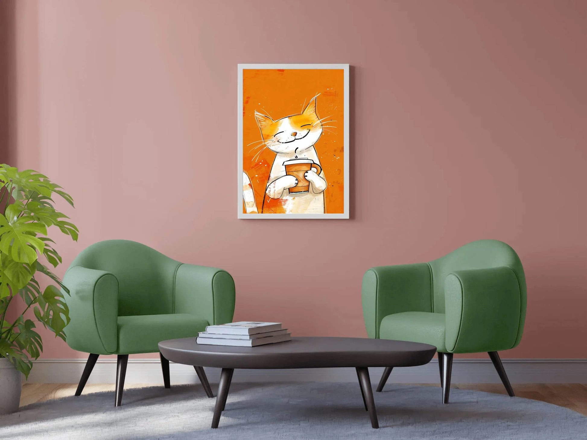 Painting of Cute Smiling Cat Holding Cup - beink online art store