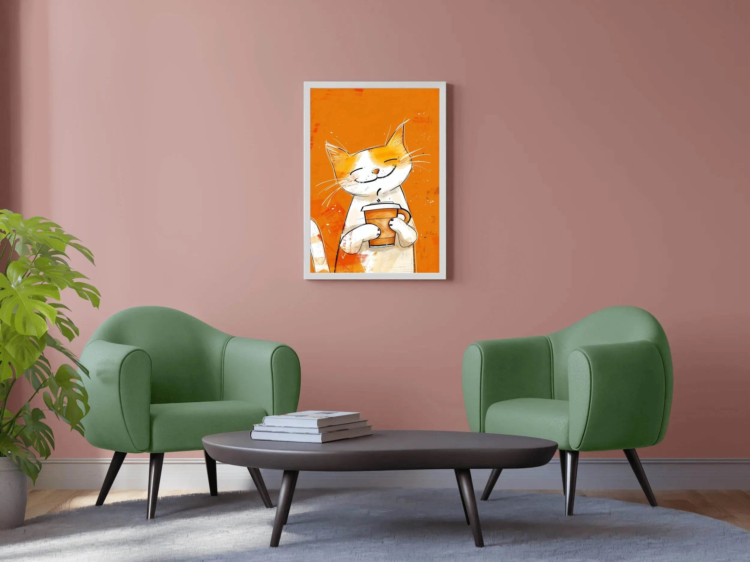 Painting of Cute Smiling Cat Holding Cup - beink online art store
