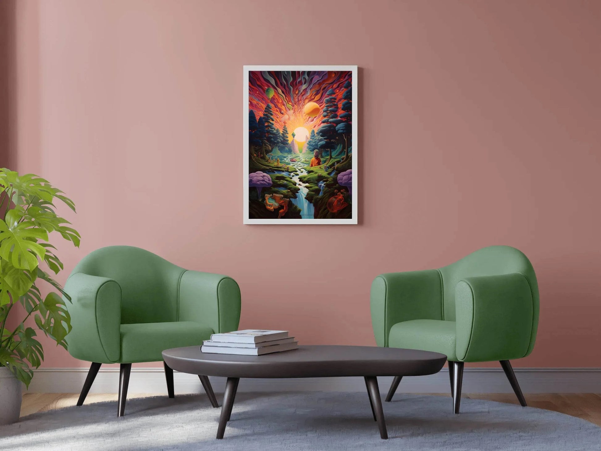 Painting of a Sunset Over a River With a Mountain Wall Art - beink online art store