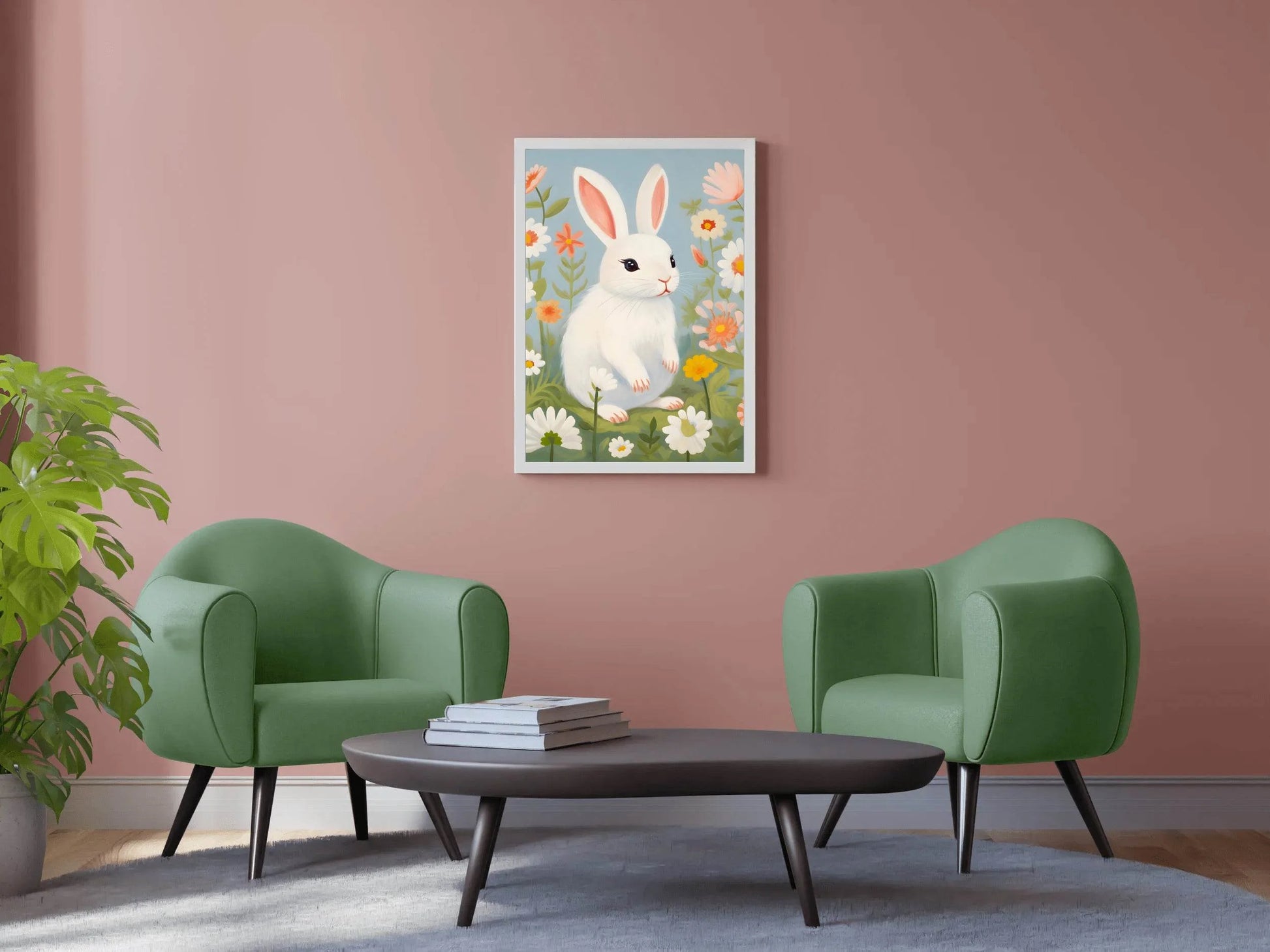 White Bunny Sitting Among Flowers - beink online art store