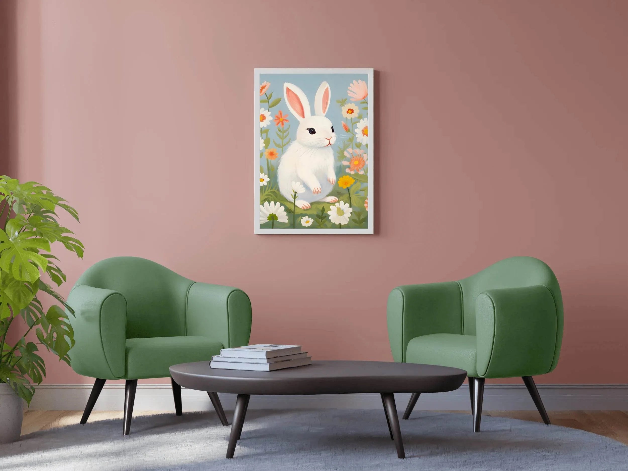 White Bunny Sitting Among Flowers - beink online art store