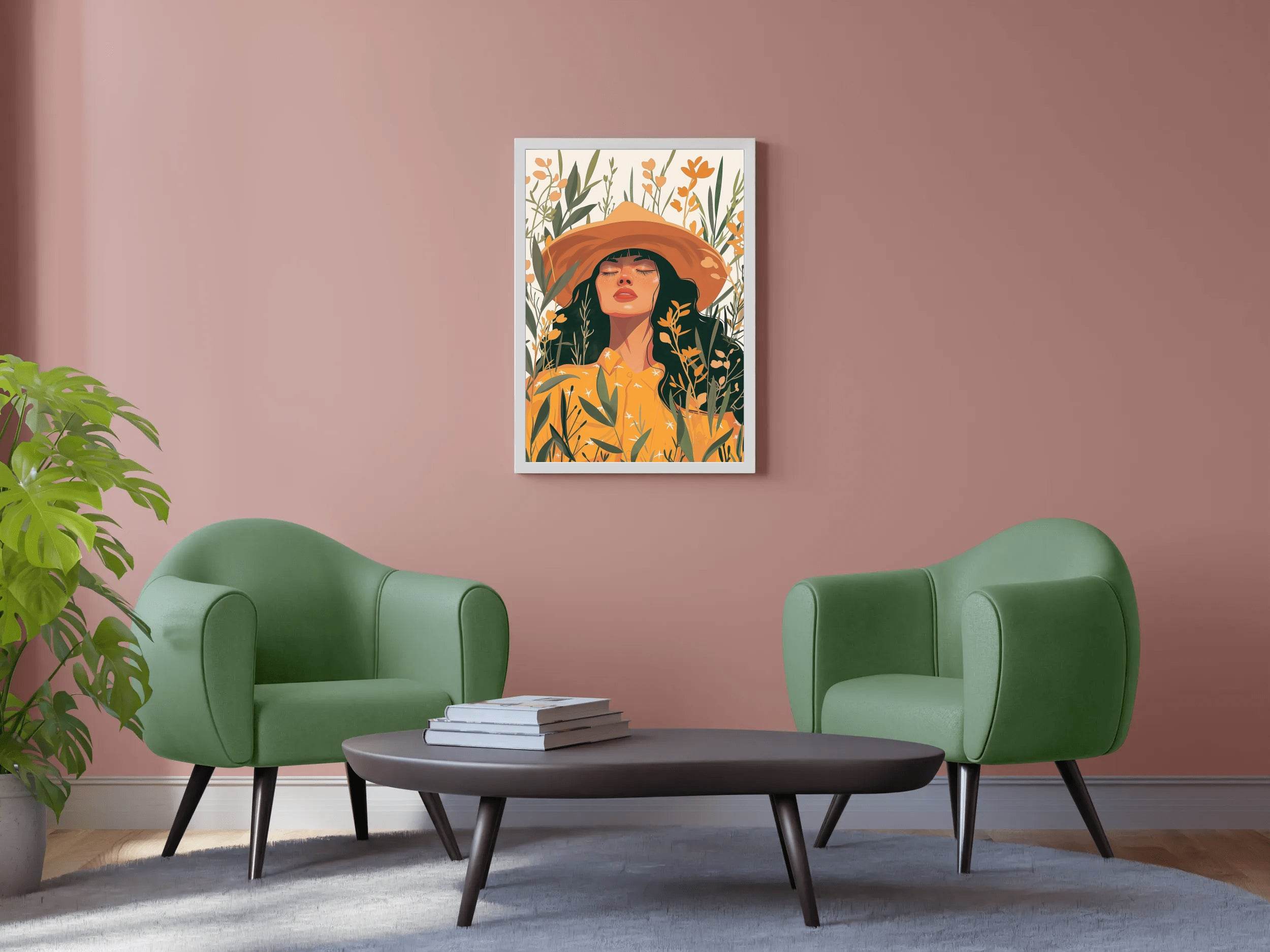Woman in Yellow Dress and Hat in a Tropical Forest Eyes closed ArtWork - beink online art store