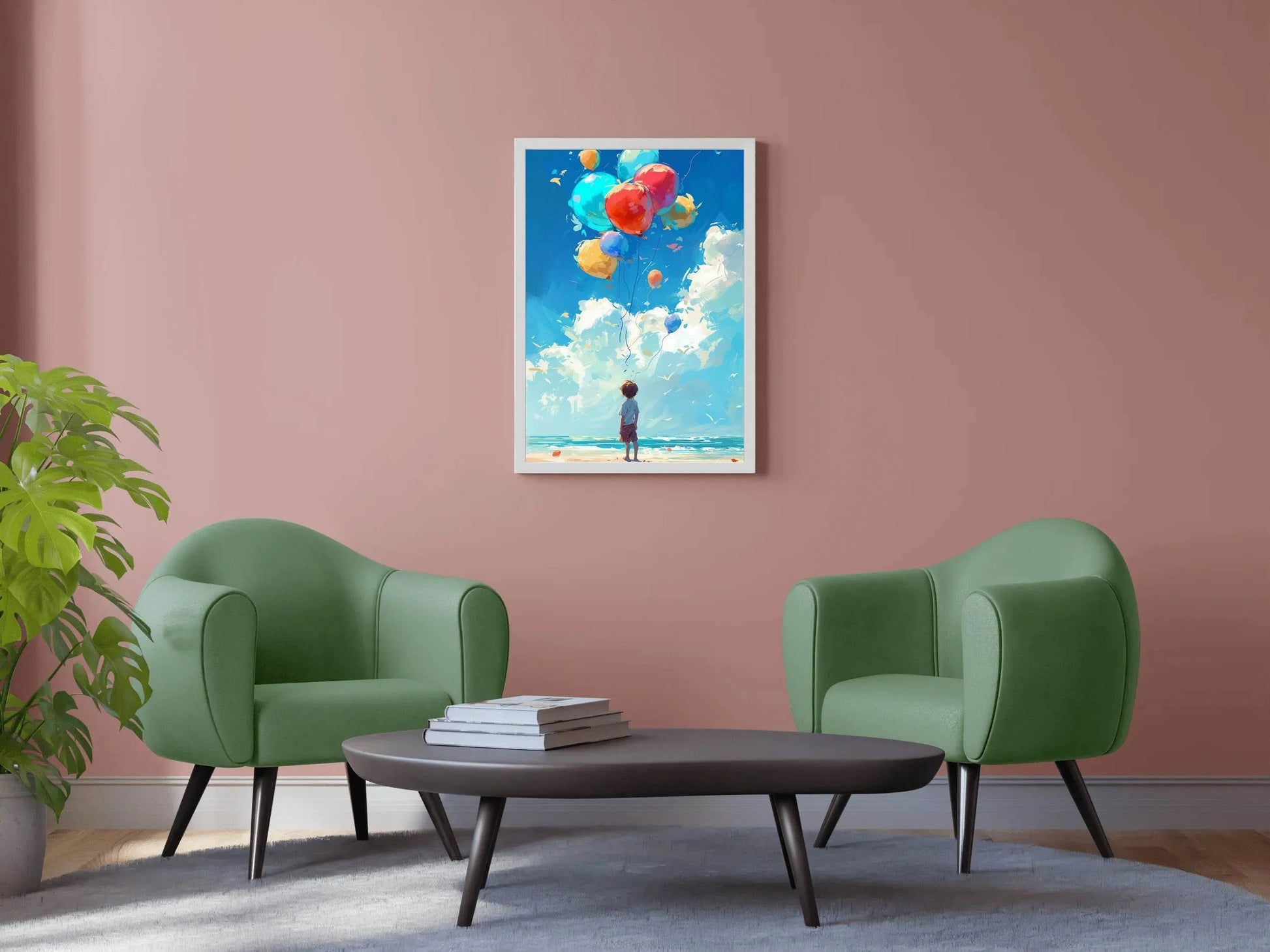 Painting of a Boy Standing Near Sea With Balloons - beink online art store