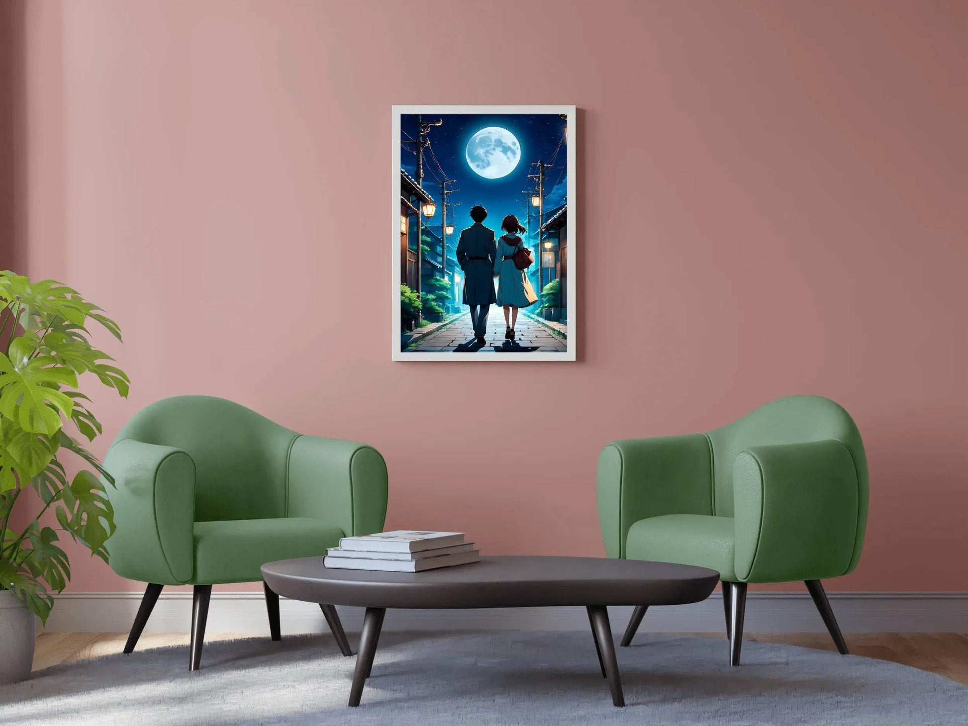 Anime scene of a Man and a Woman Walking Down Under the Moon Anime Wall Art - beink online art store
