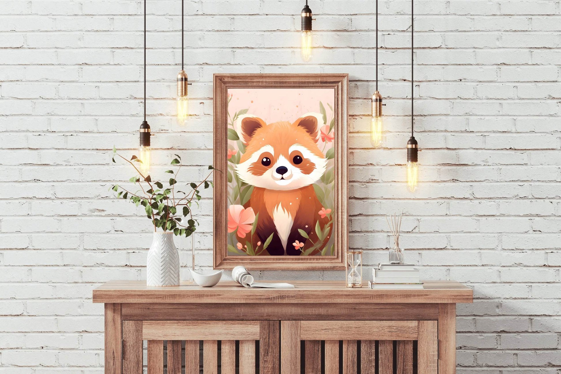 Red Baby Panda Sitting in Flowers - beink online art store