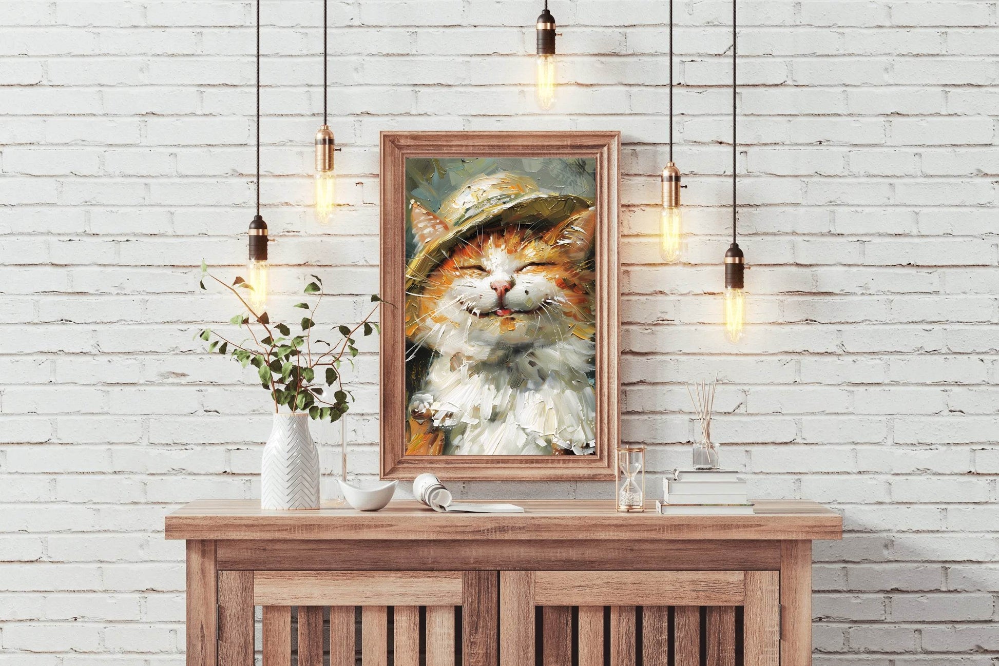 Slashed Oil Painting of Cat Wearing Hat - beink online art store