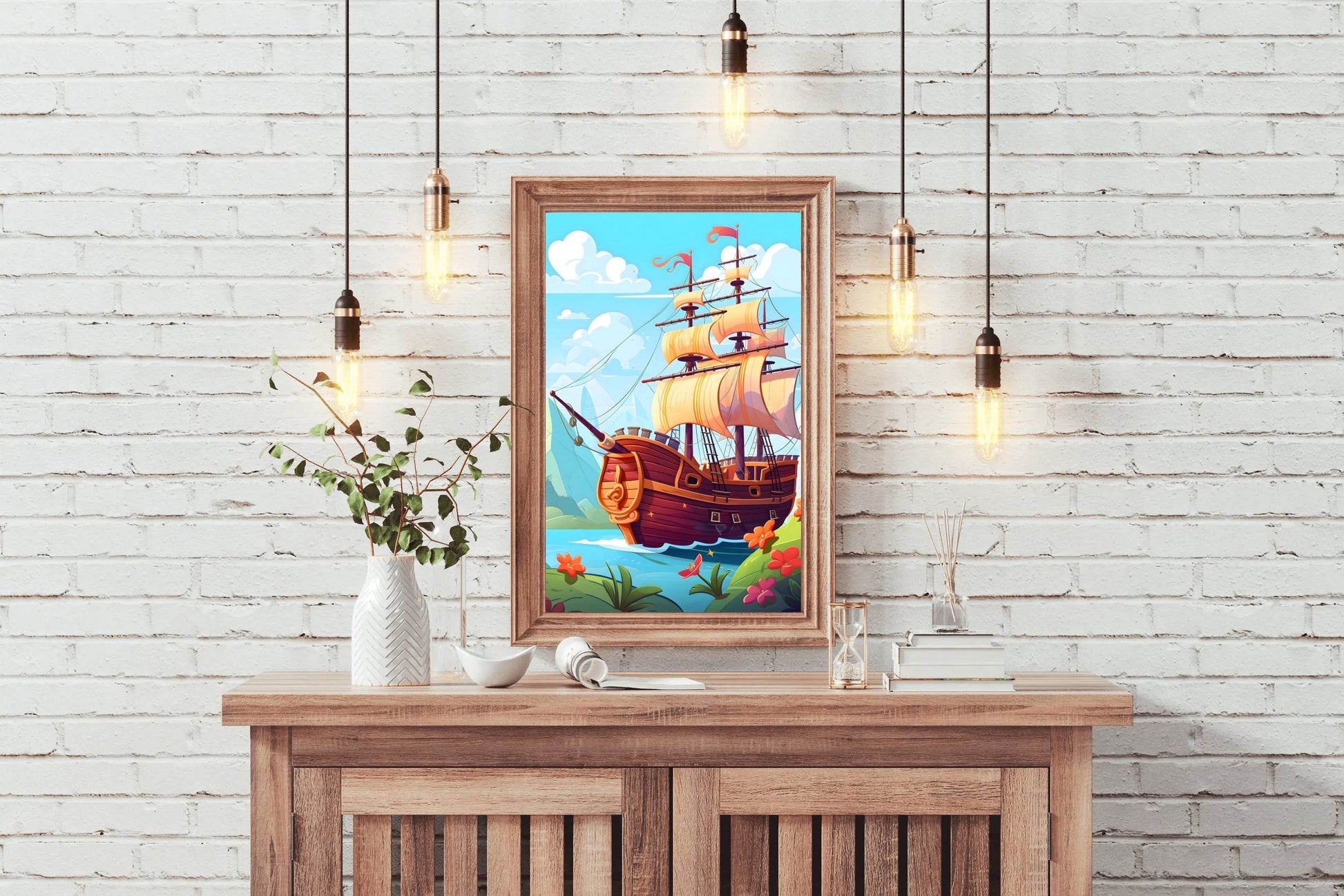 Drawing of Pirate Ship in the Sea - beink online art store
