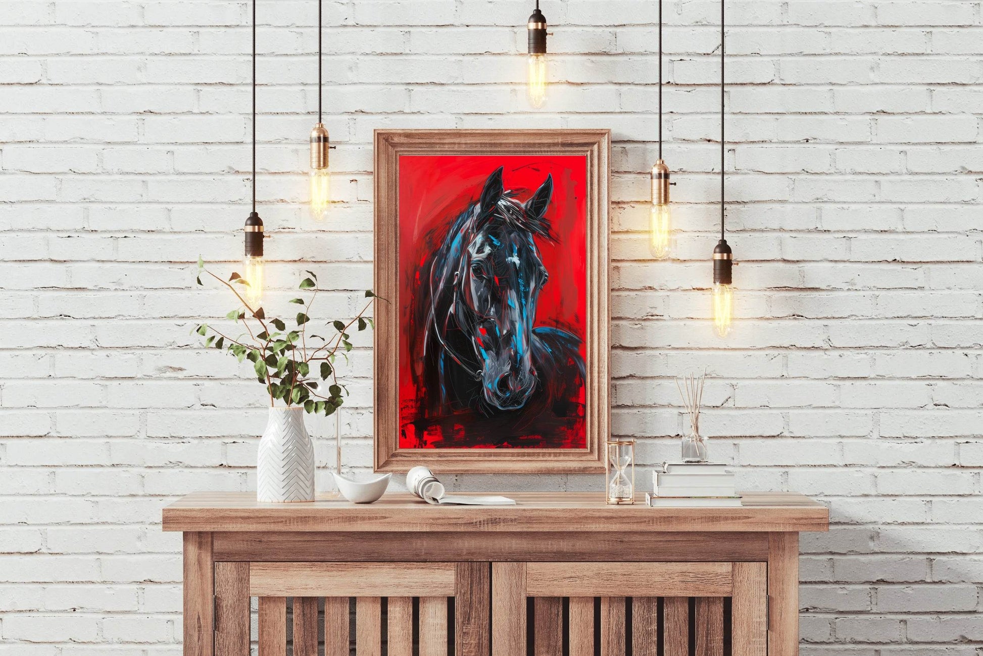 Painting of Black Horse With Red Background - beink online art store