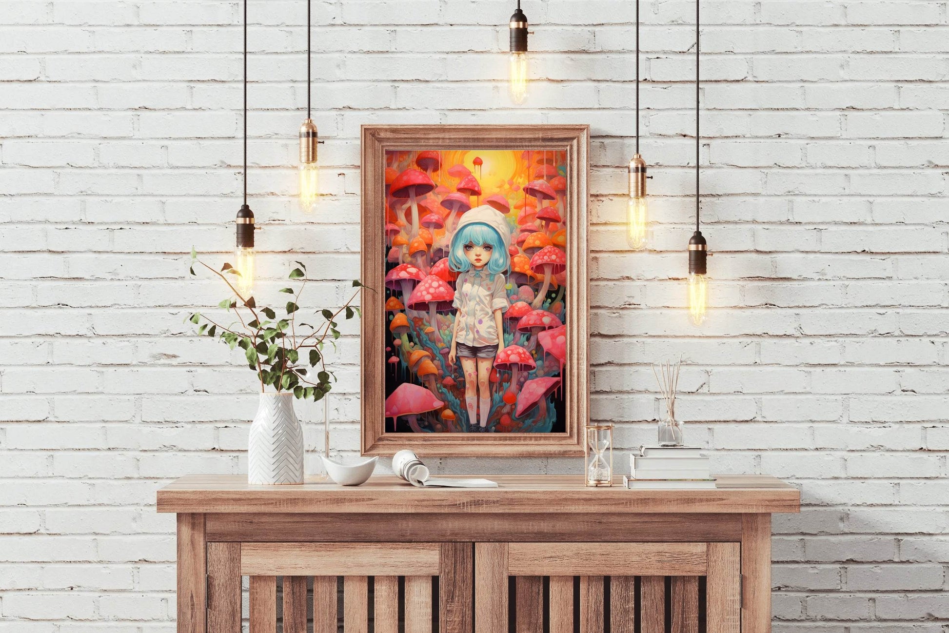 Painting of a Anime girl Standing in a Forest of Mushrooms - beink online art store