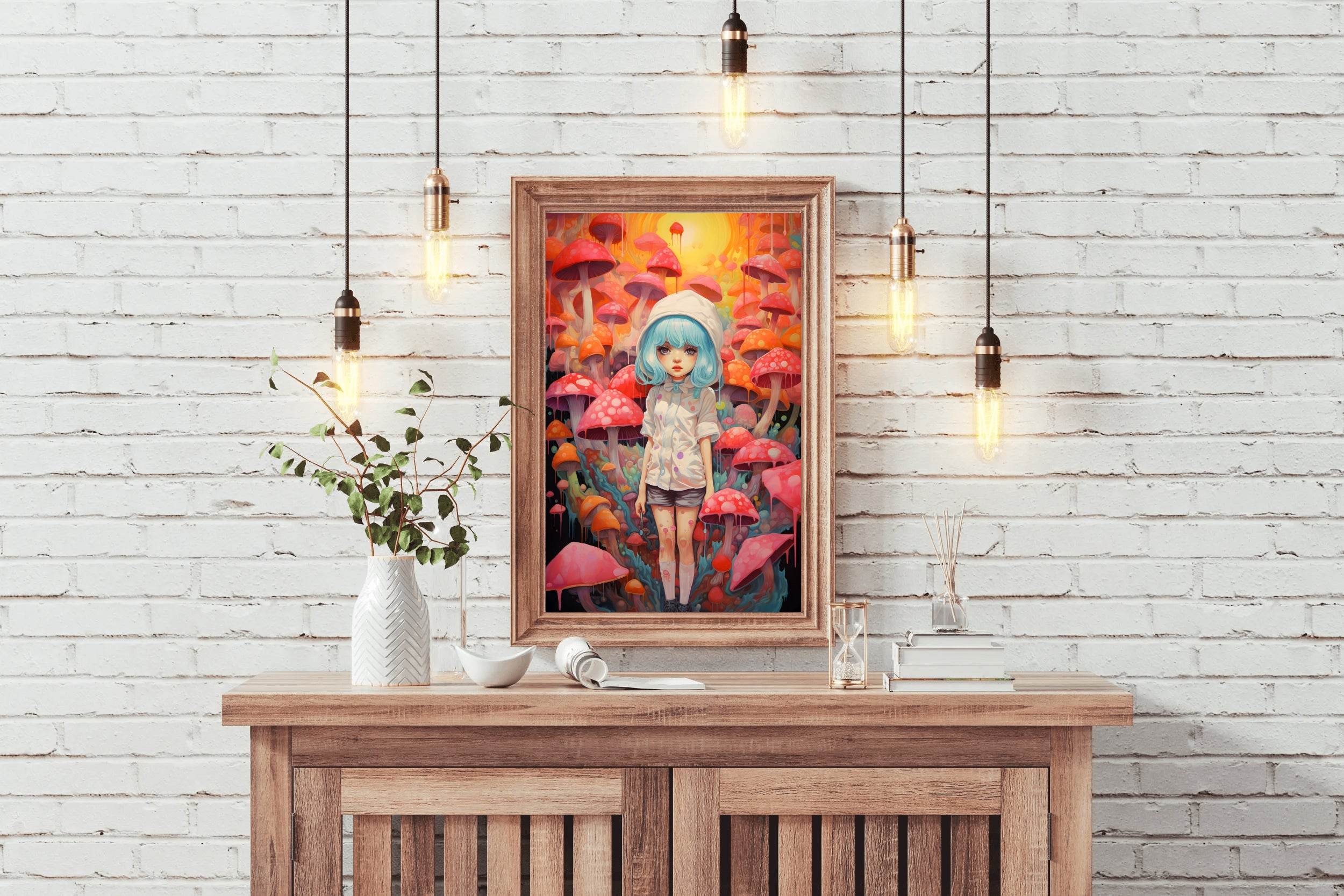 Painting of a Anime girl Standing in a Forest of Mushrooms - beink online art store
