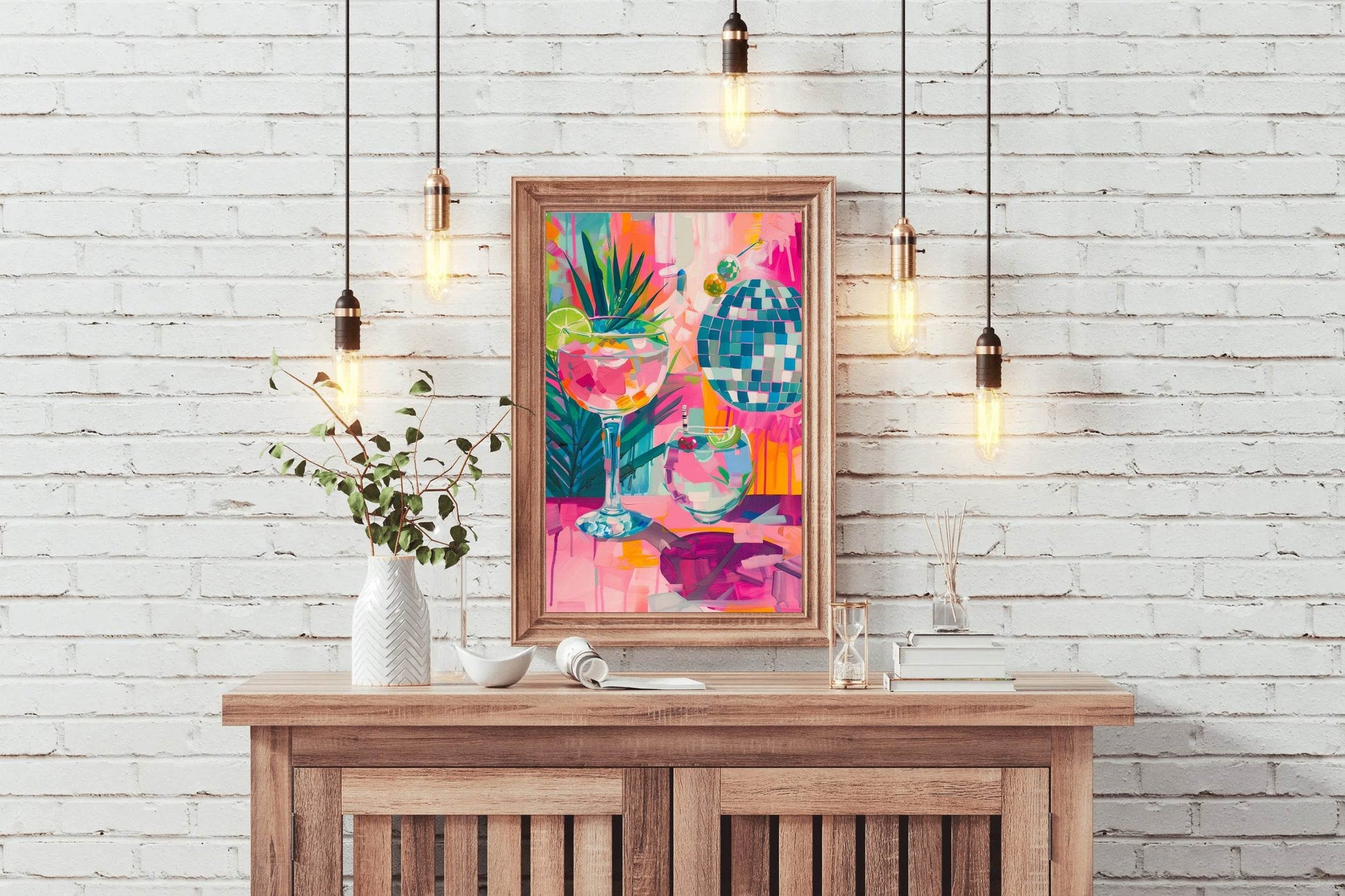 Painting of a Cocktail and Glasses with a Palm Tree in the Background Wall Art - beink online art store