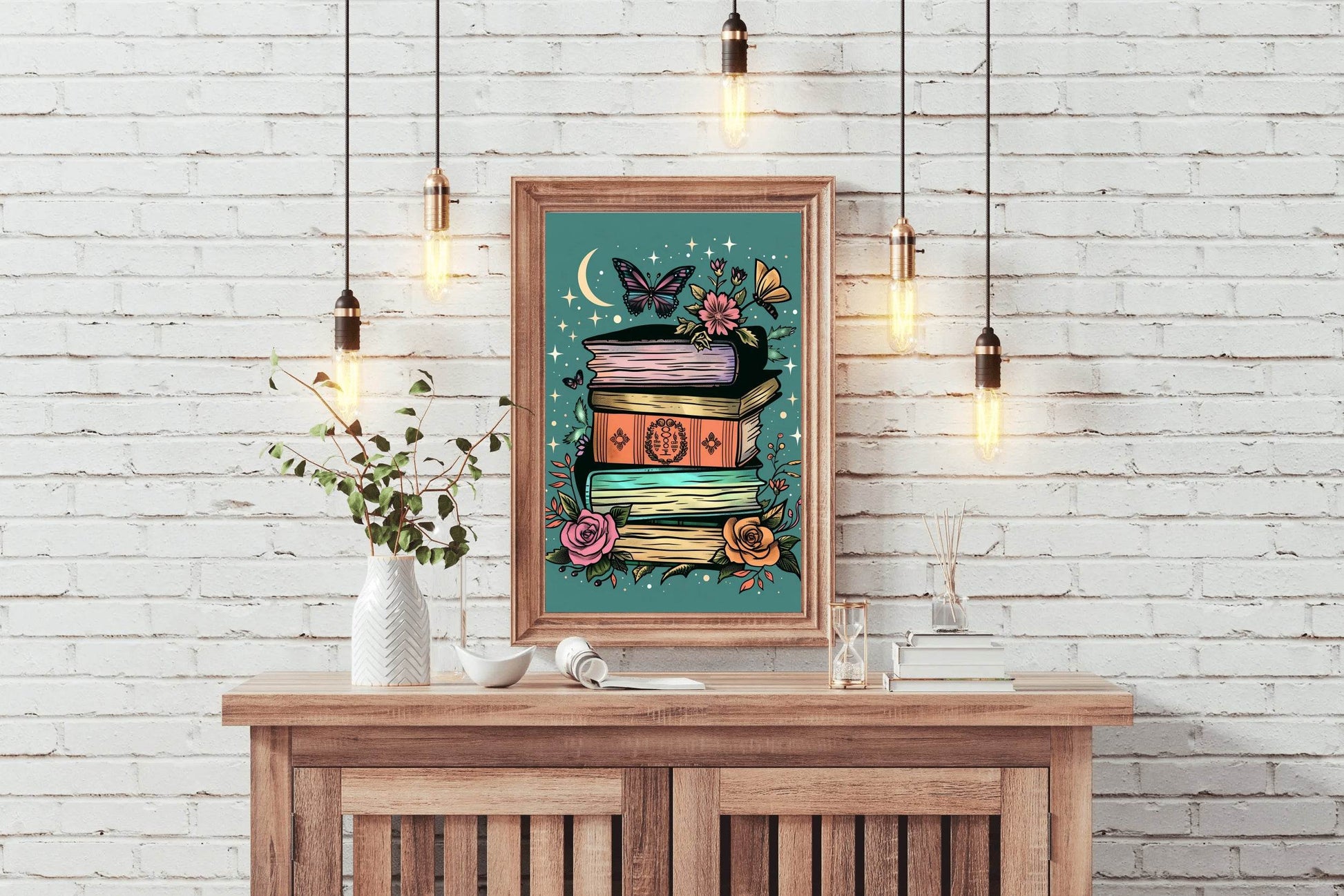 Stack of Books with a Full Moon in the Background Wall Art - beink online art store