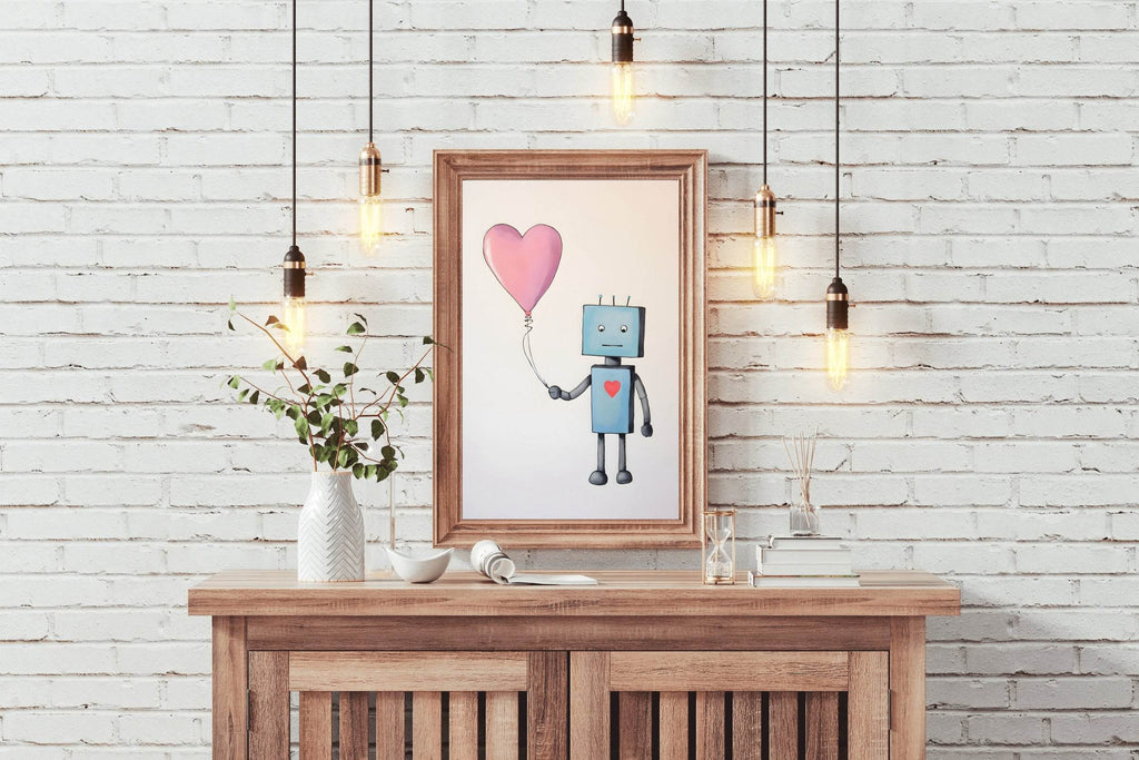 Drawing of Blue Robot Holding Pink Heart - beink online art store