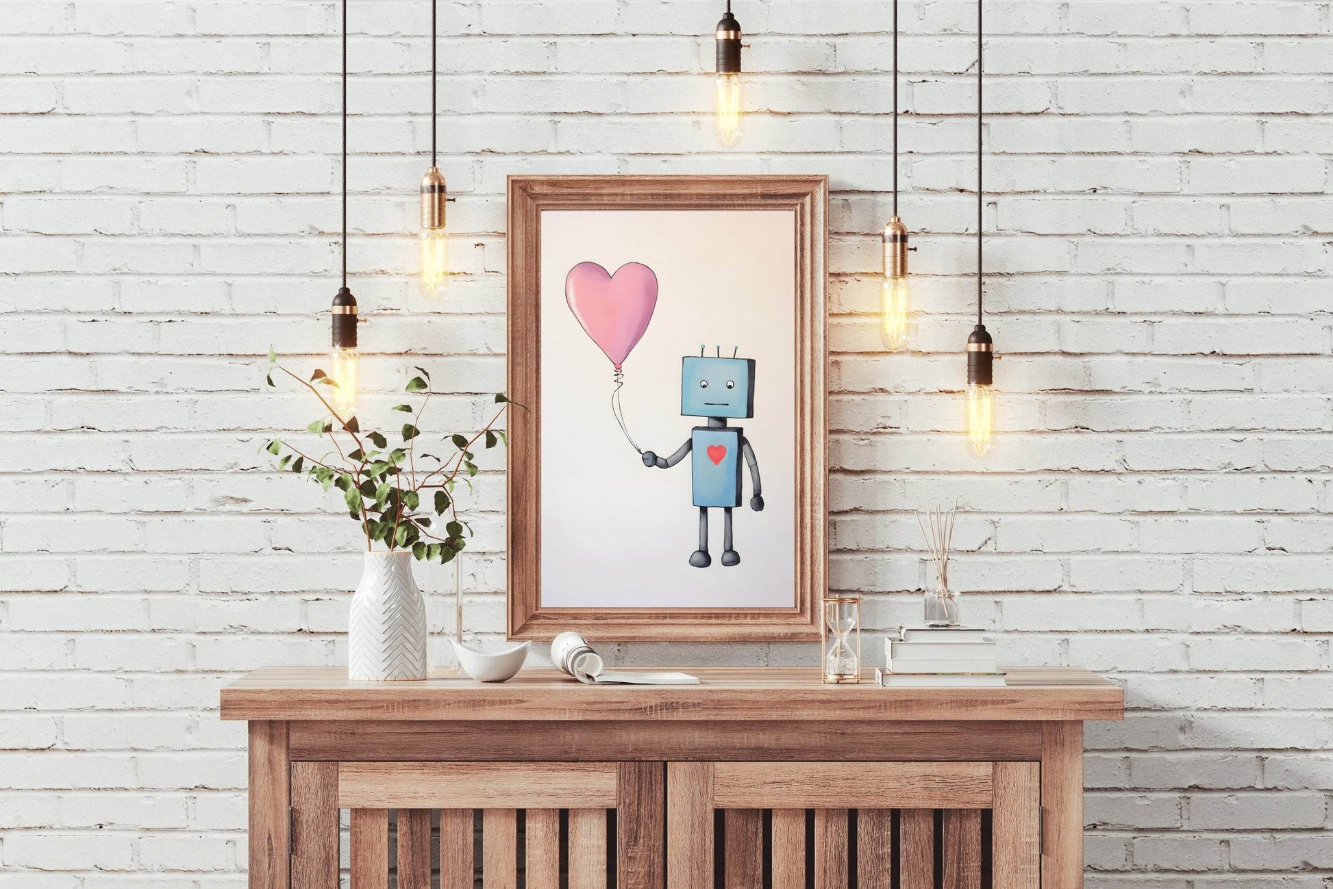 Drawing of Blue Robot Holding Pink Heart - beink online art store