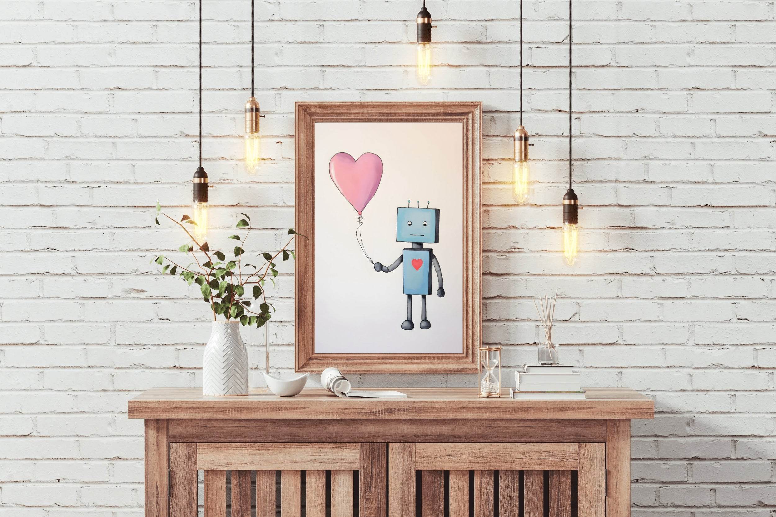 Drawing of Blue Robot Holding Pink Heart - beink online art store